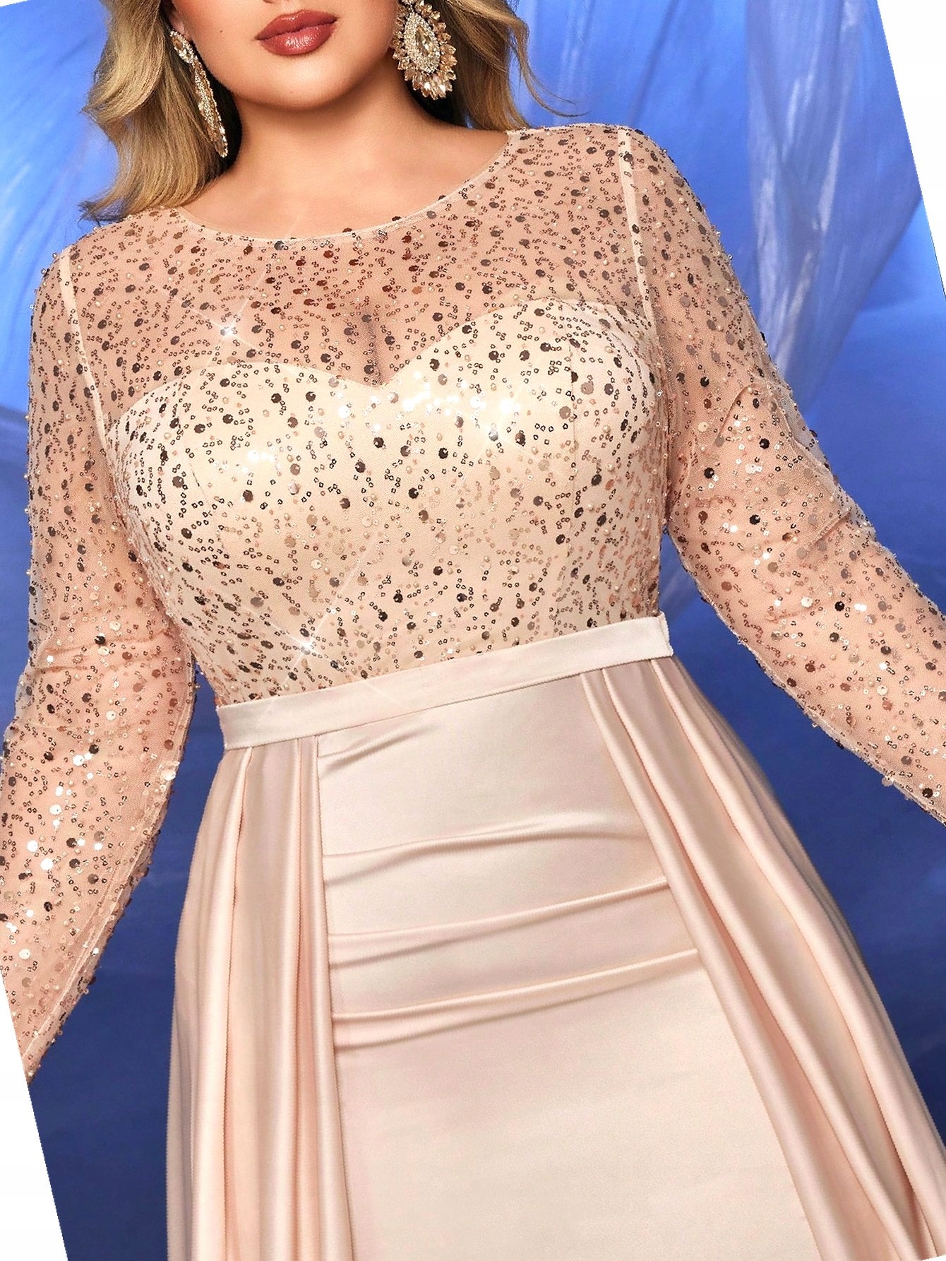 Šaty Flitrová Koktejlová Maxi Béžová Saténová Glamour 3XL 46