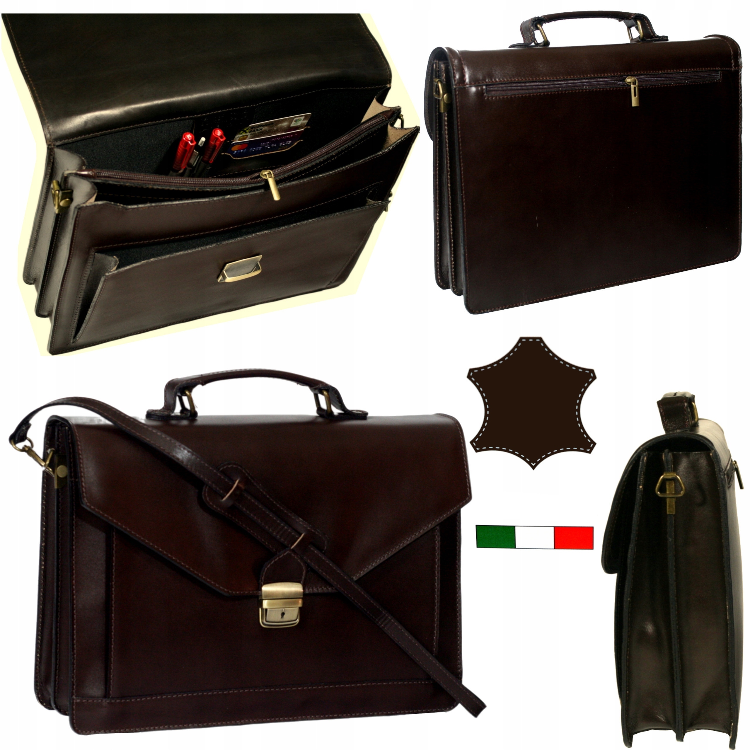 Pánská kožená aktovka hnědá na notebook 15 italská 3 komory aktovka A4