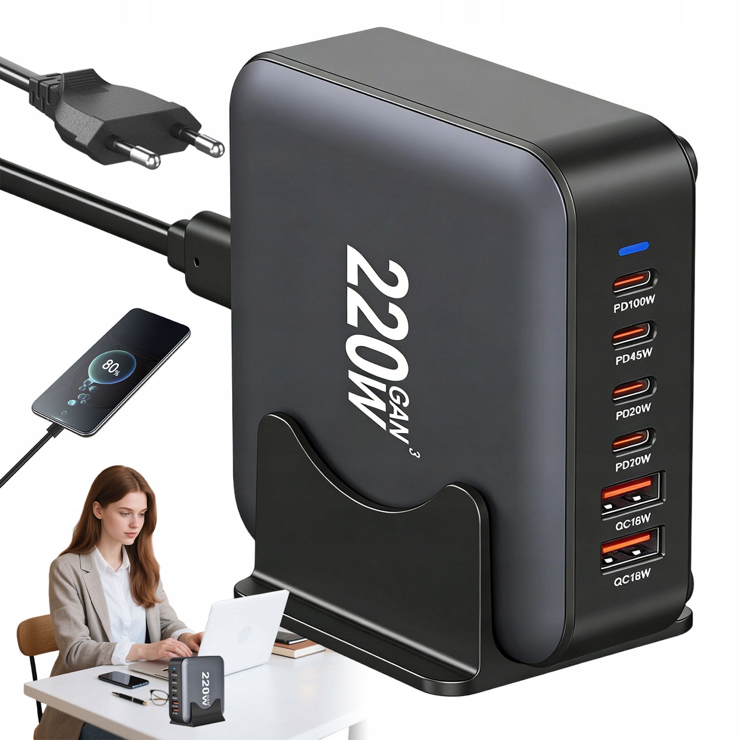 Stacja Ładowania 220W Z 6 Portami Usb C Usb A Pd Qc Do Wielu Urządzeń