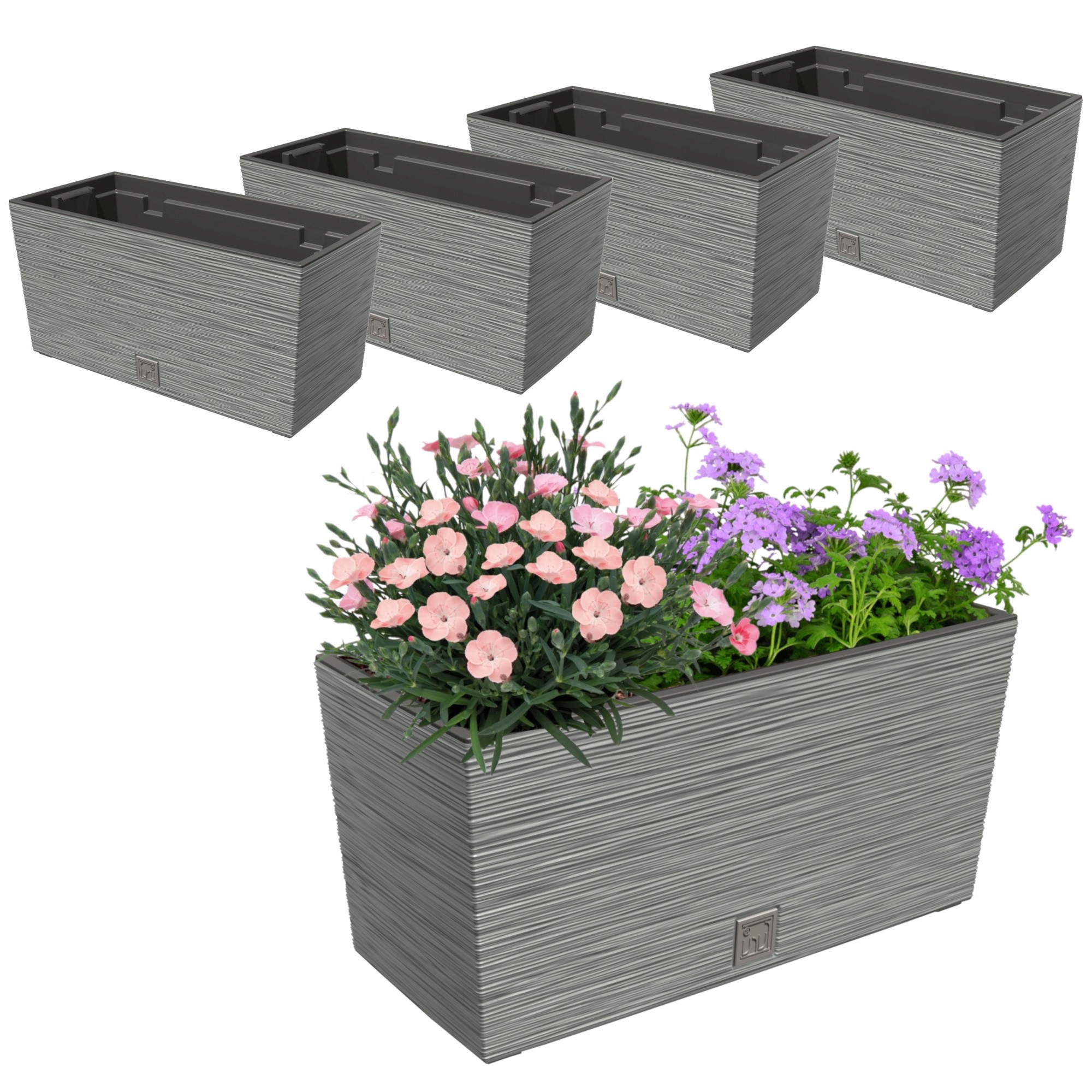 4x kvetináč 12L balkónový box 39,5x19,5 cm sivý priestranná vložka 8L