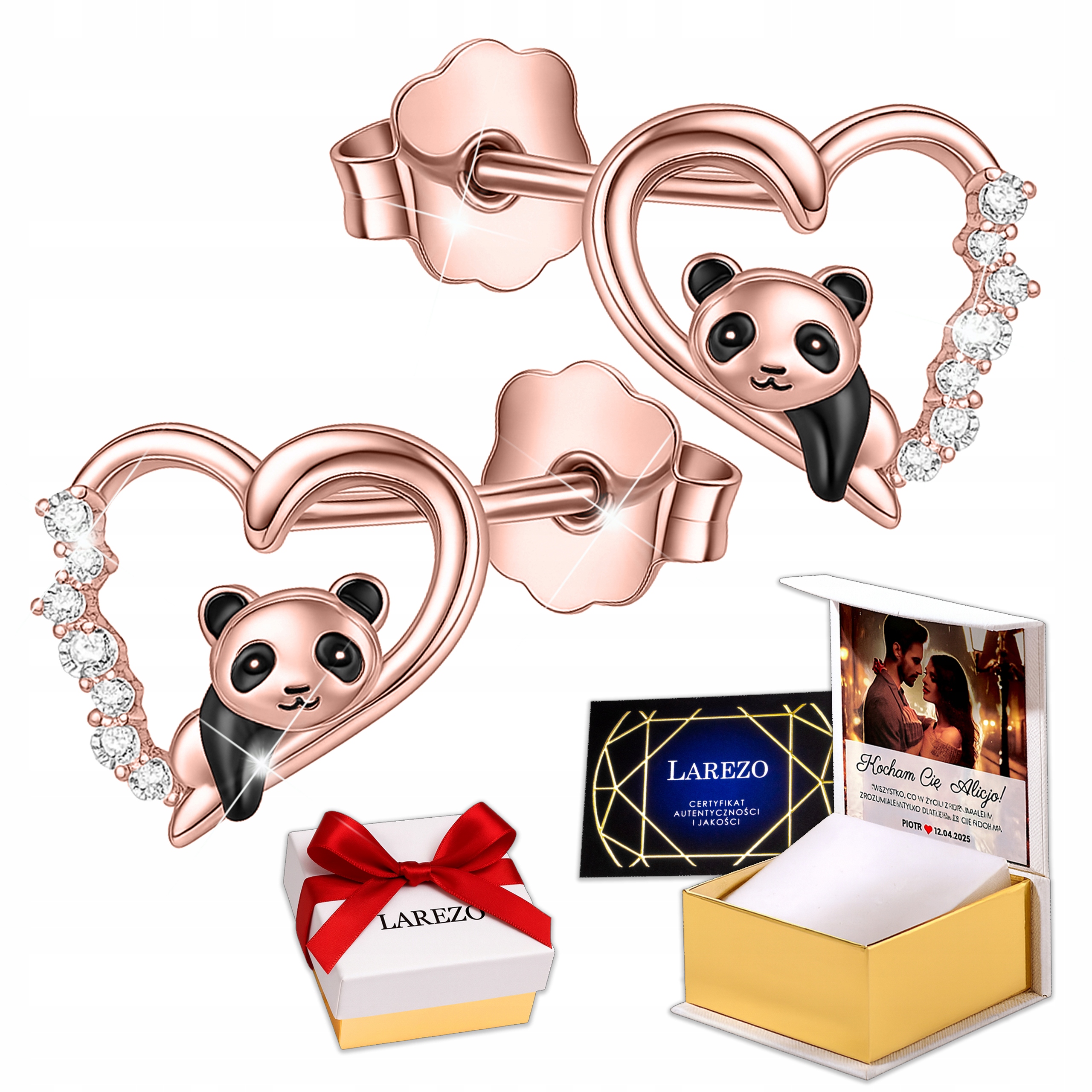 Náušnice s pandou Pozlacené pandy srdce pro dívku s zirkony Potisk