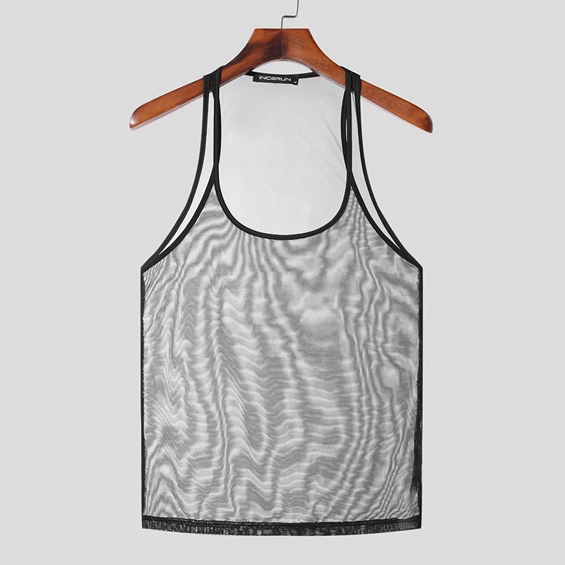 INCERUN Men Tank Tops Mesh Transparent O-neck Slee