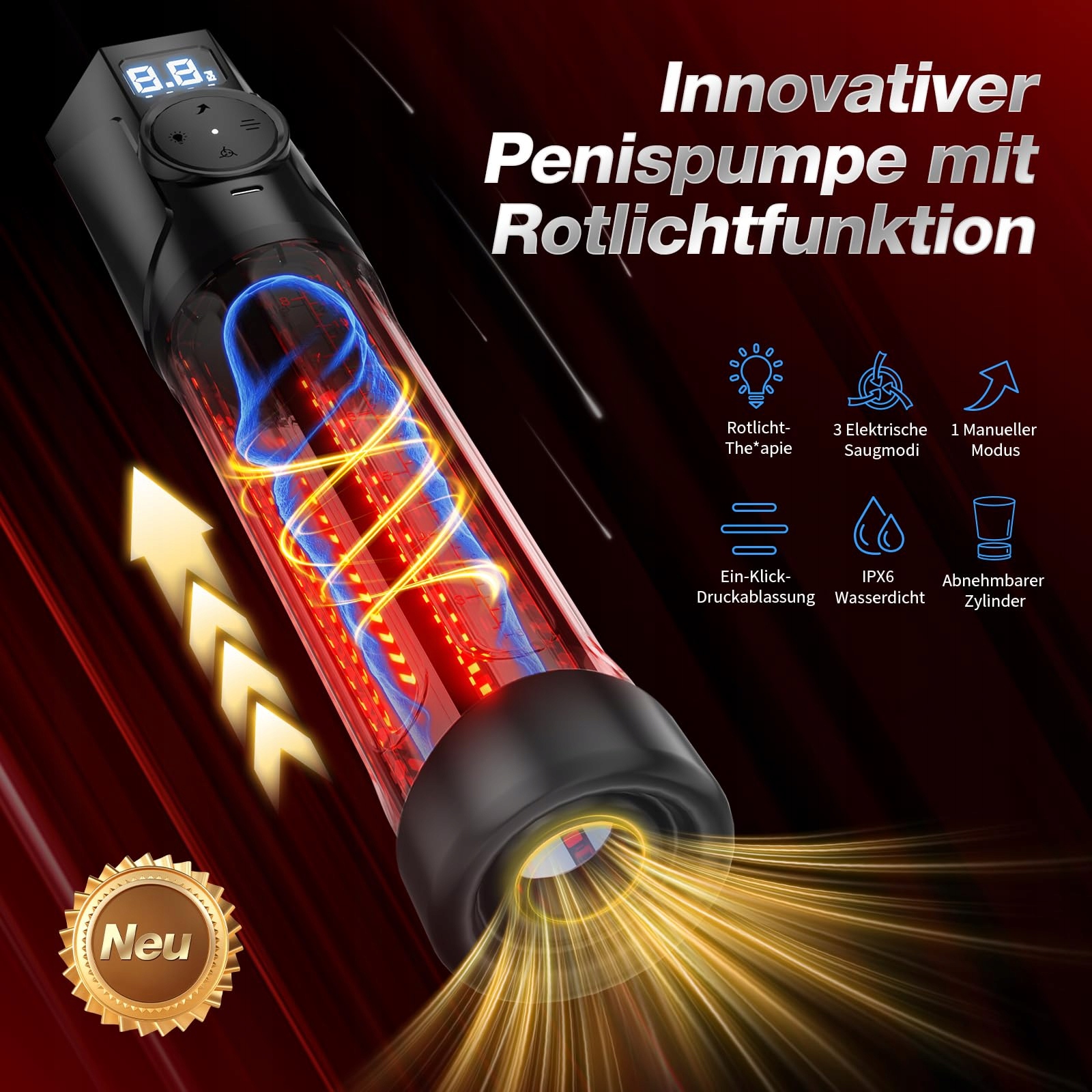 ELEKTRYCZNA POMPA DO PENISA Z LED TERAPIĄ DLA MĘŻCZYZN WODOODPORNA — miniatura 2