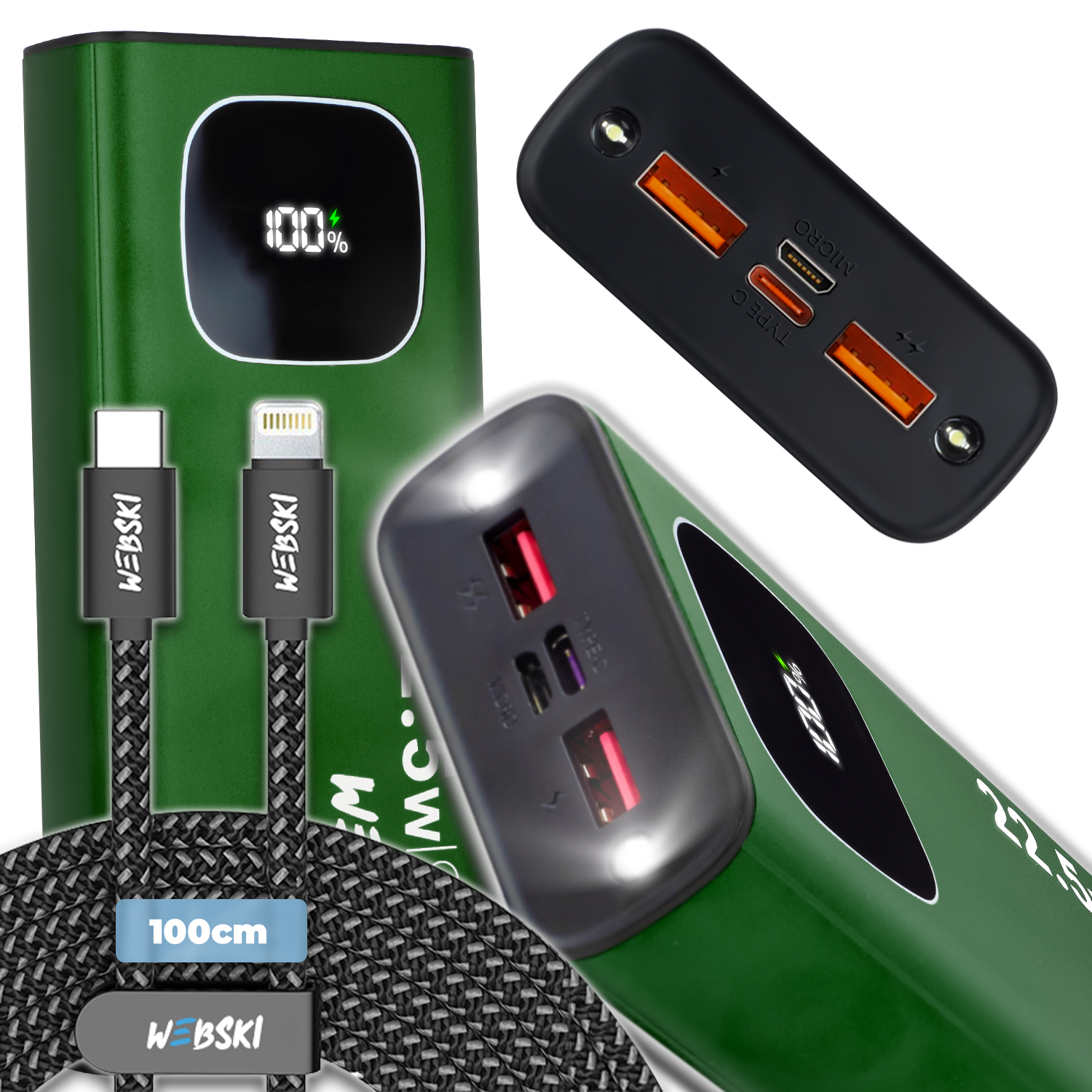 Prostorná Powerbanka Quick Charge Qc Pd 22.5W 30 000 Mah Kabel Pro Osvětlení 1 M