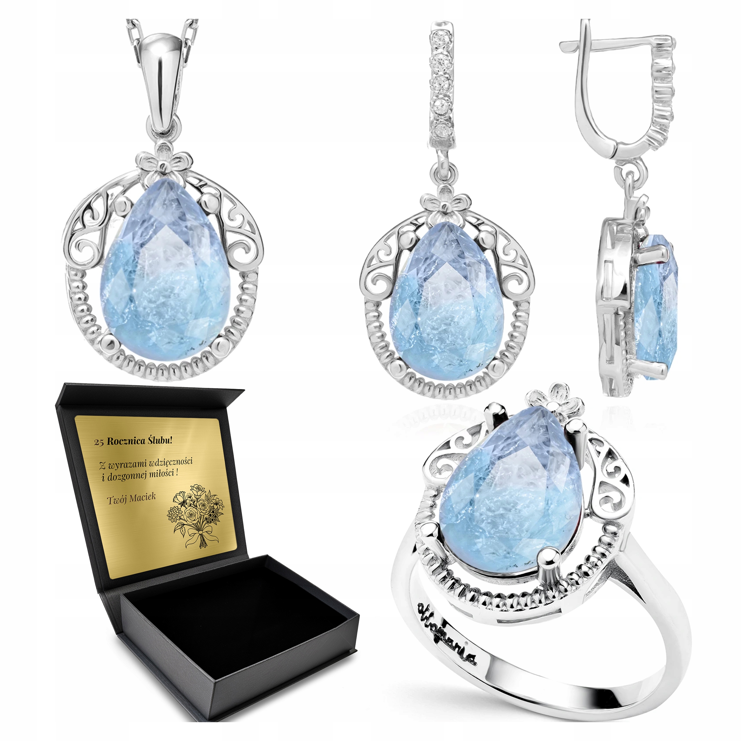 Sada Stříbrných Šperků 925 Turmalín Sada Pro Ženu Gravírování Bonus