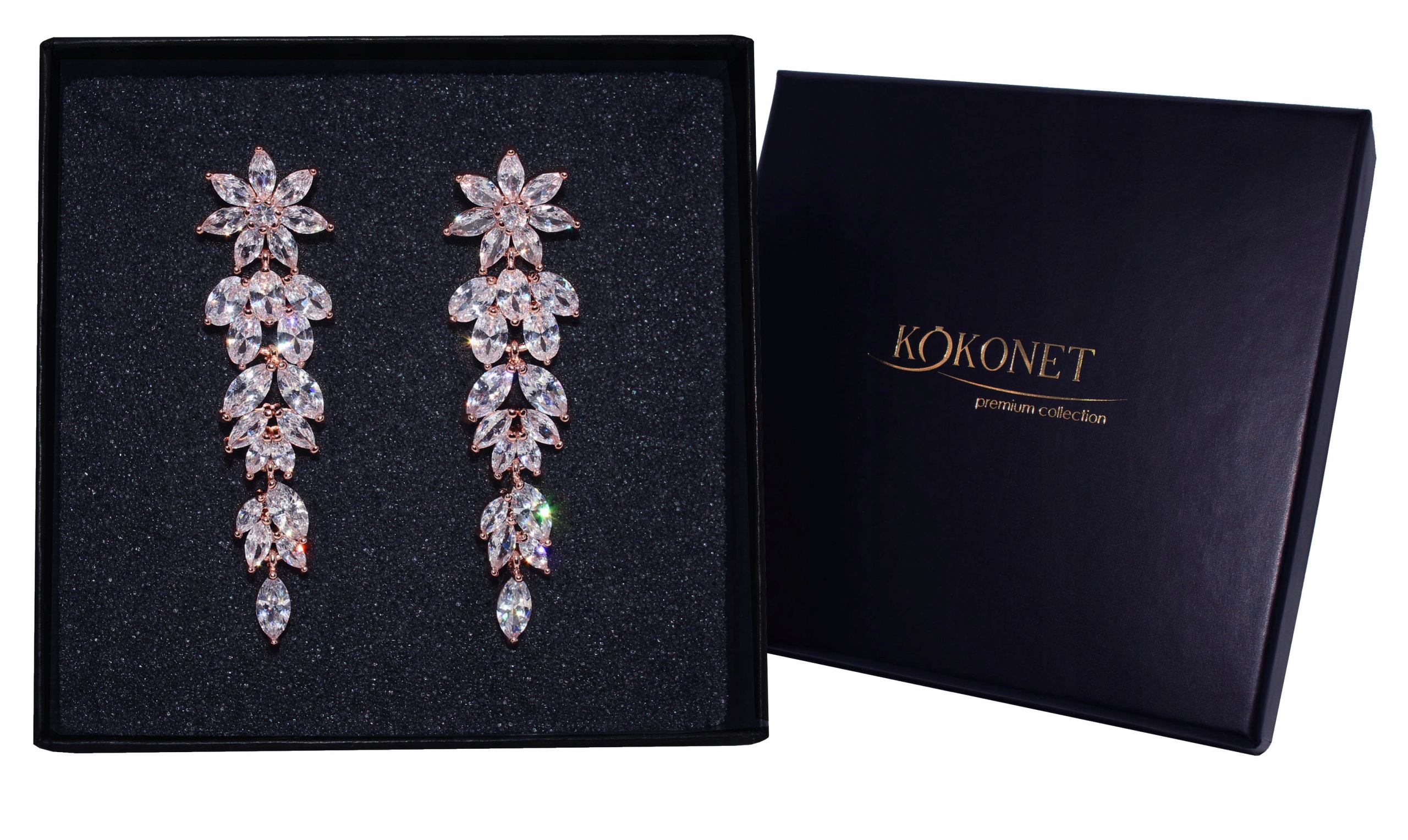 Kolczyki ślubne listki PIĘKNE ROSE AAA DŁUGIE glam