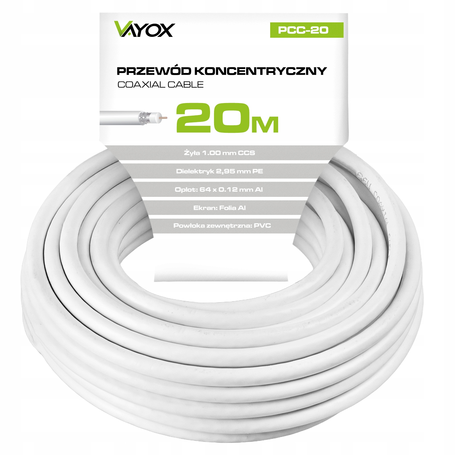 Kabel koncentryczny 20 m PCC-20 biały RG6U do instalacji sieci antenowych