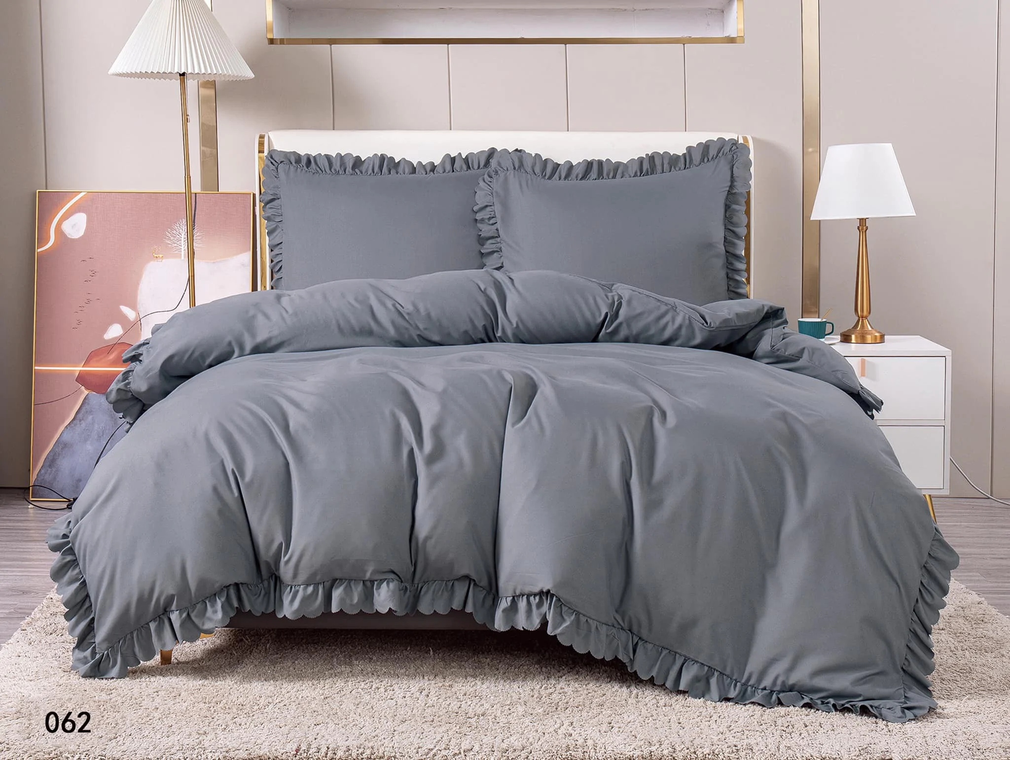 Pościel Z Falbanką Satyna Bawełniana 220x200 3cz Szara