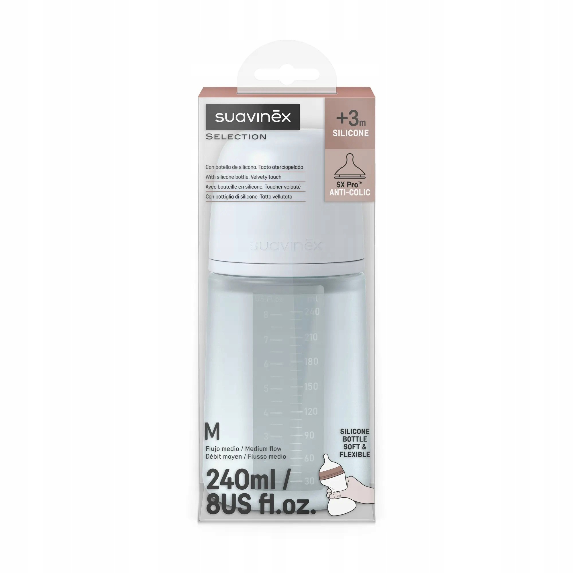 Suavinex Butelka silikonowa Sx Pro 240 ml, przepływ średni – jasnoniebieska