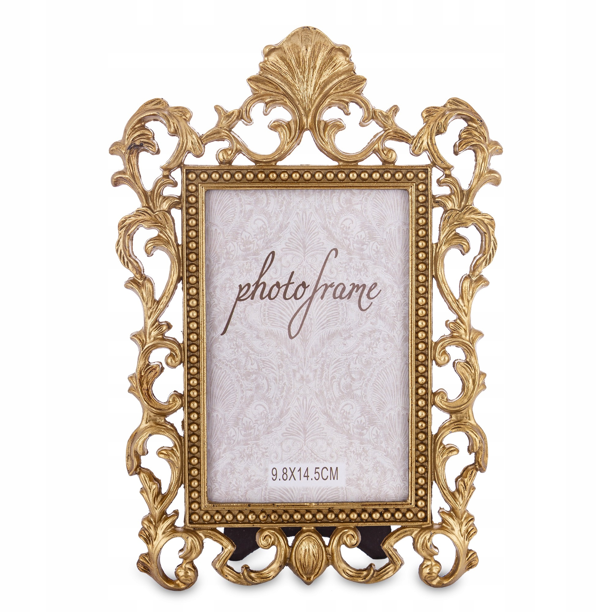 Zlatý rámeček na fotografii, kovový, stojící, retro, palácový, vintage