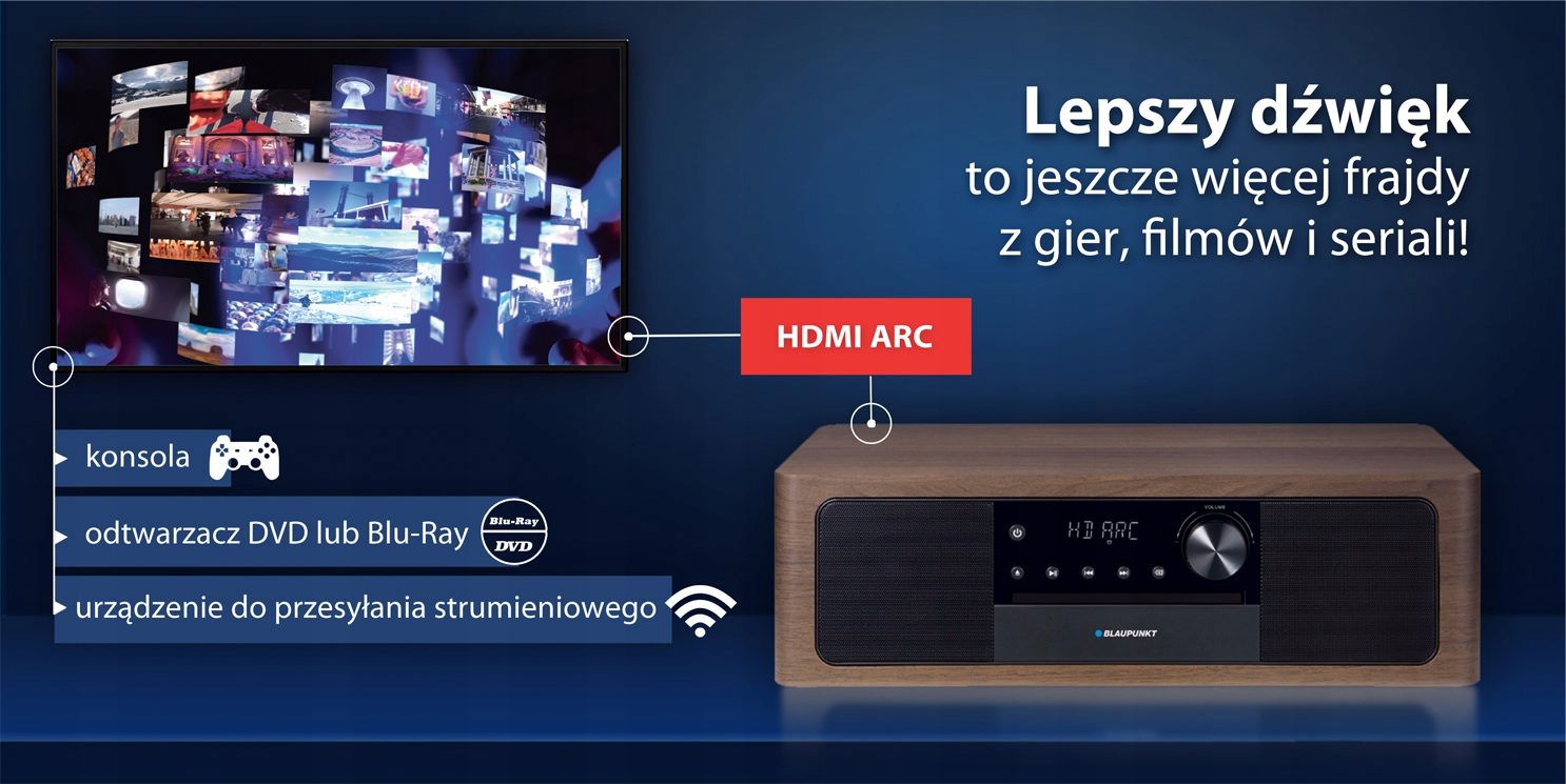 WIEŻA STEREO Blaupunkt MS22BT HDMI BLUETOOTH CD USB FM RADIO SOUNDBAR PILOT Moc znamionowa RMS 50 W