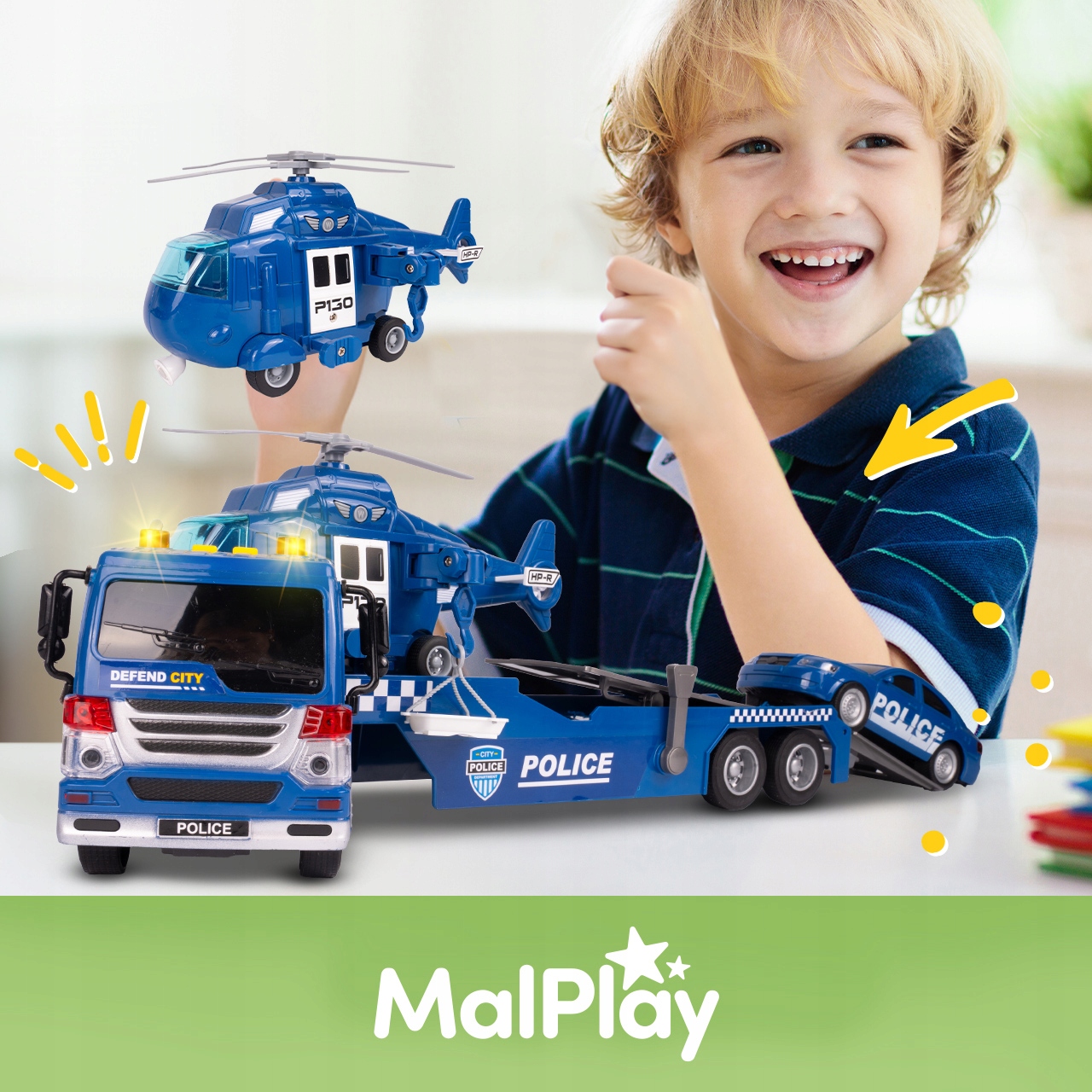 LAWETA POLICYJNA 1:16 ŚWIATŁO DŹWIĘK RUCHOME ELEMENTY HELIKOPTER AUTO Bohater / Bajka brak