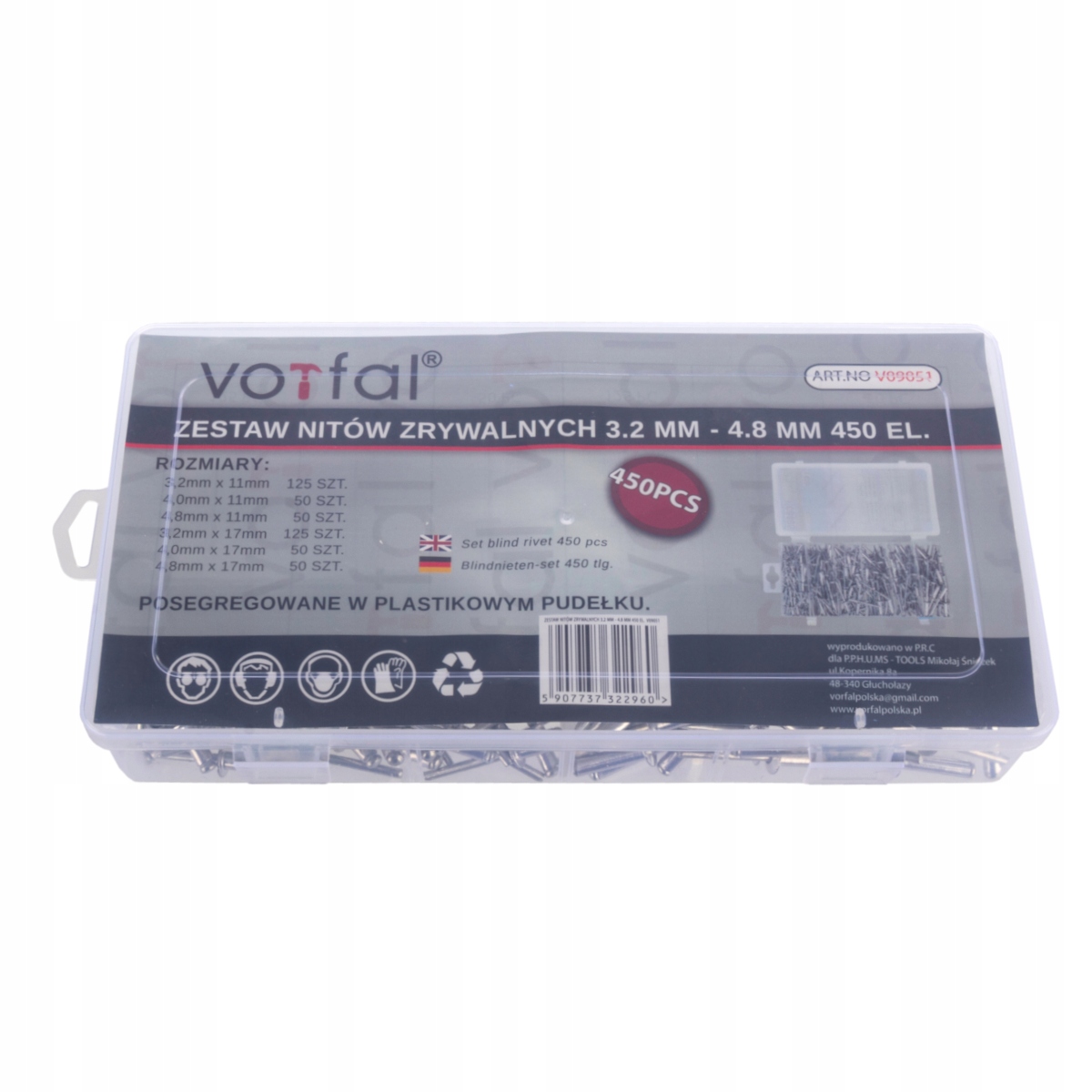NITY ZRYWALNE 450 ZESTAW NITÓW TRZPIENIEM STALOWYM Marka Vorfal