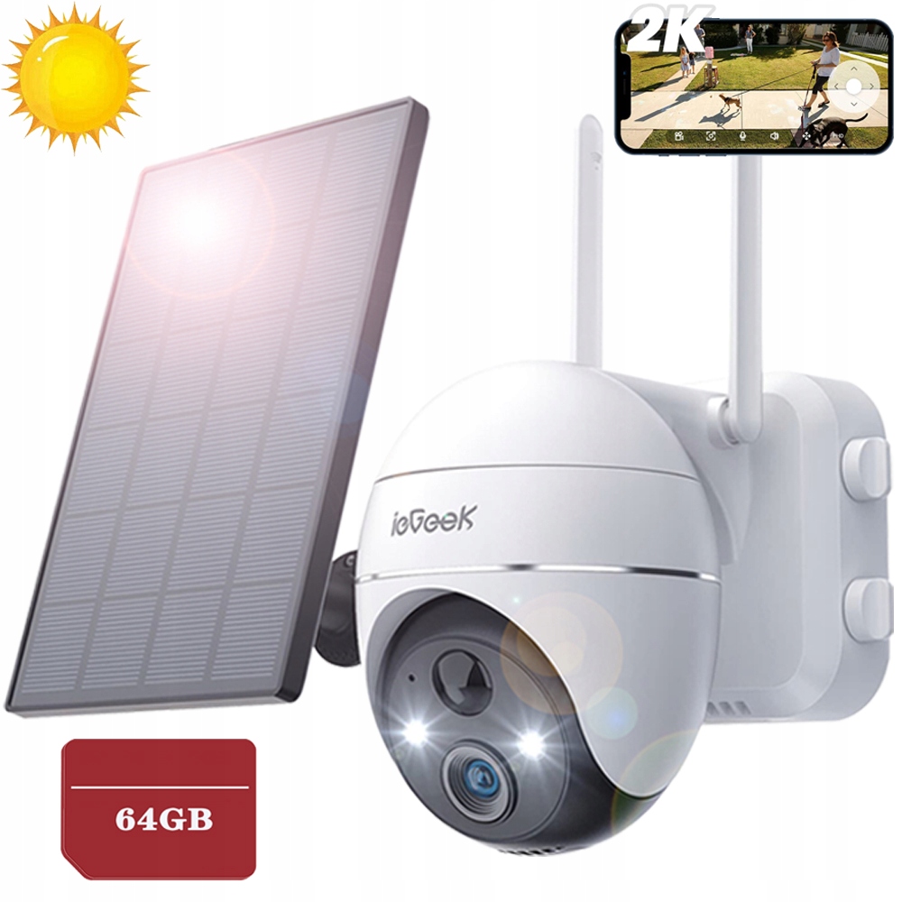 Solární Wifi Kamera 2K 3MPX Smart Venkovní Otočná Ip Bezdrátová 64GB