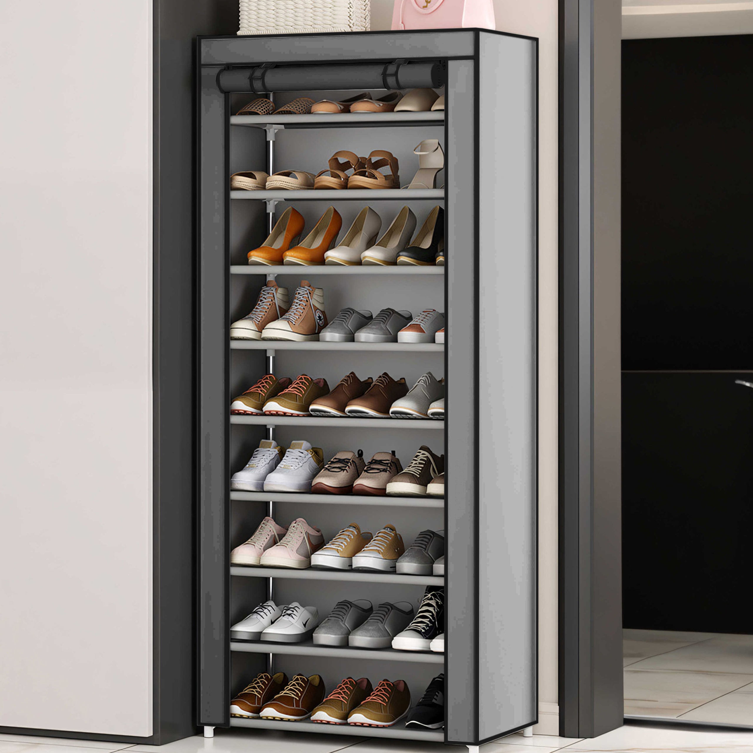 SZAFKA REGAŁ NA BUTY TEKSTYLNA SZAFA MATERIAŁOWA SKŁADANA ORGANIZER 9 PÓŁEK Kolor mebla odcienie szarości