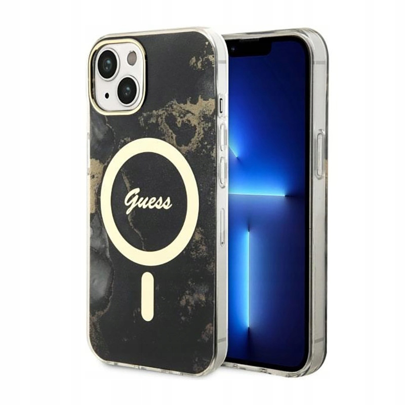 Guess Golden Marble MagSafe – Pouzdro pro iPhone 14 (Černé)