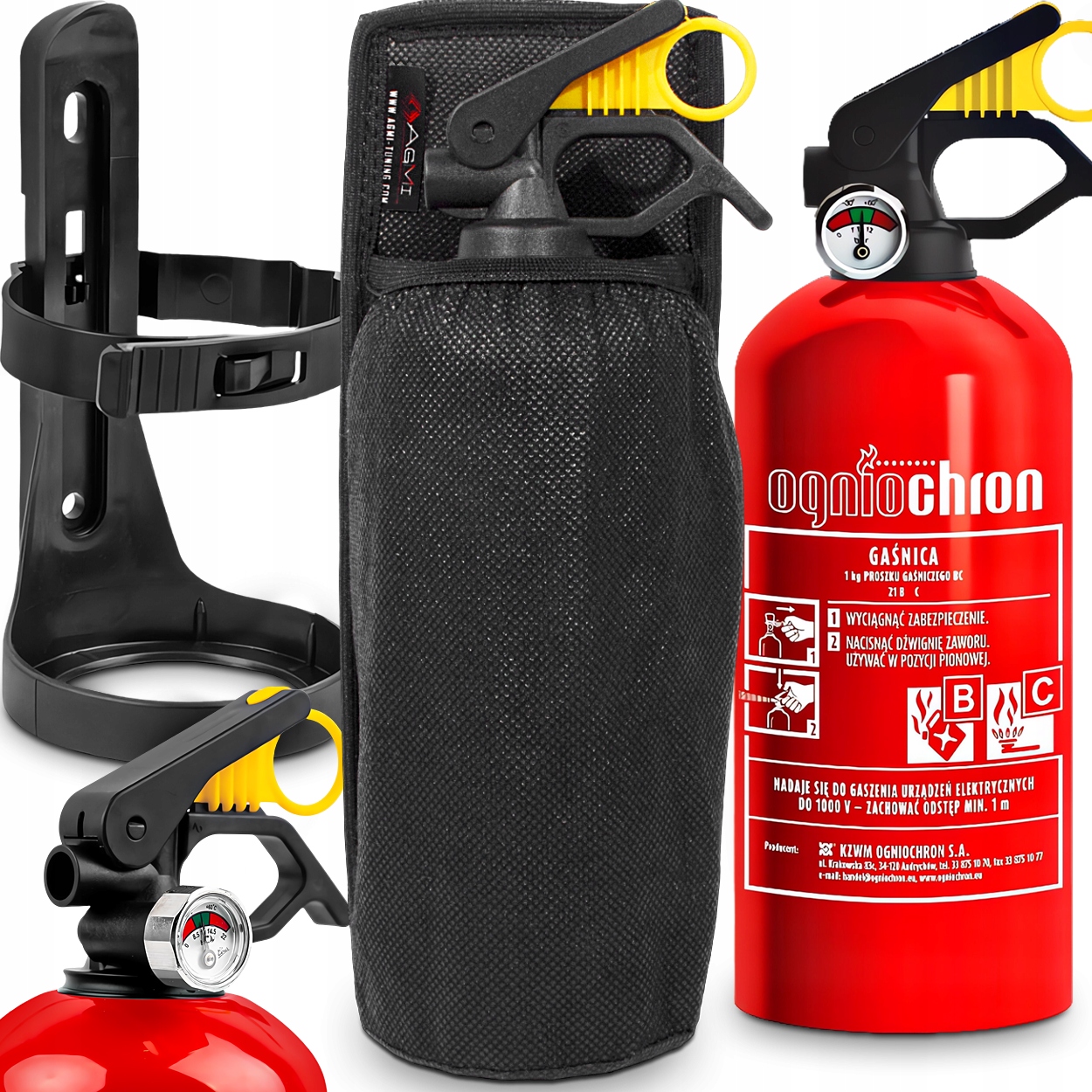 GAŚNICA SAMOCHODODOWA 1 KG ABC Z MANOMETREM Z UCHWYTEM WIESZAKIEM DO AUTA