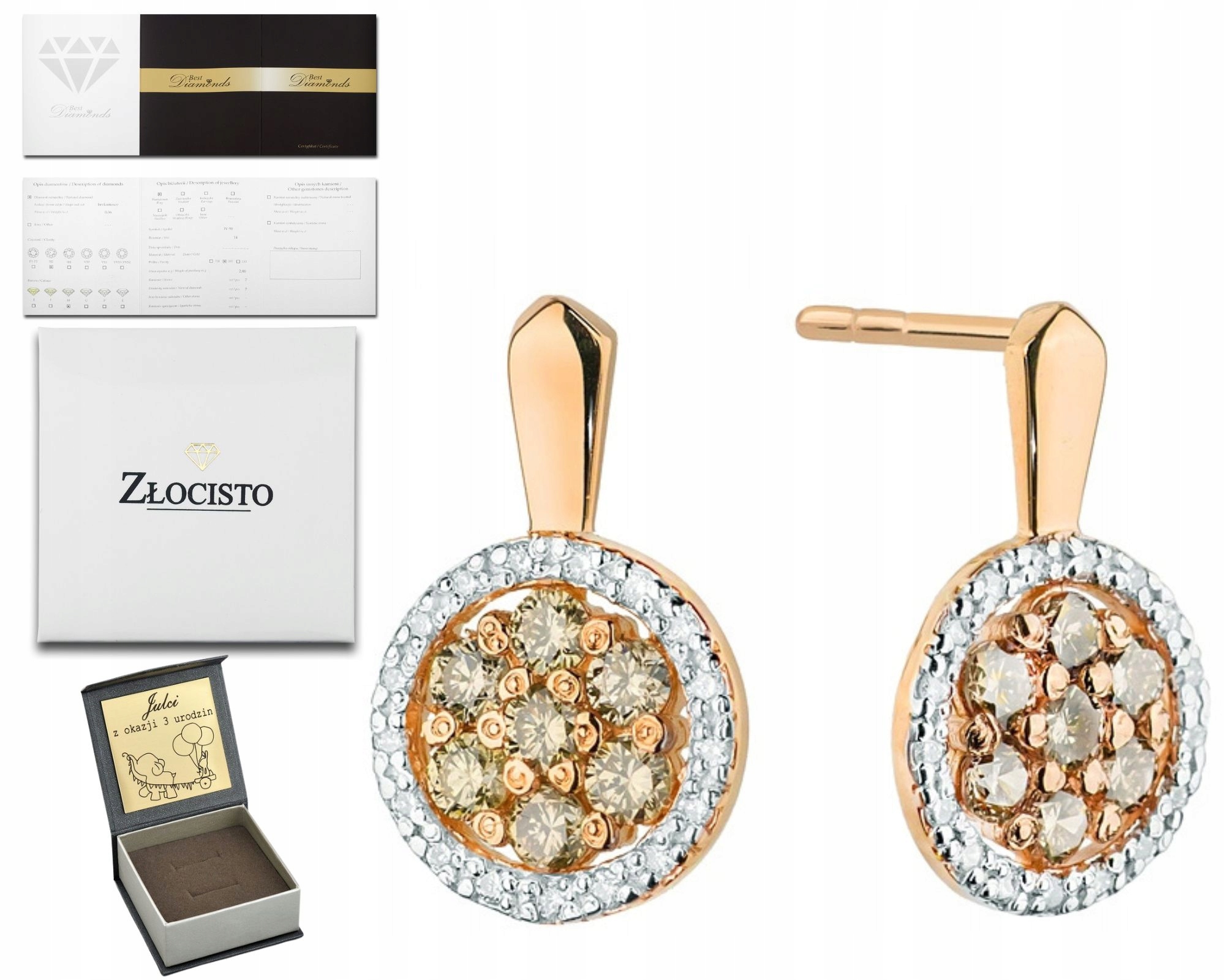 Náušnice Z Růžového Zlata S Hnědými Brilianty