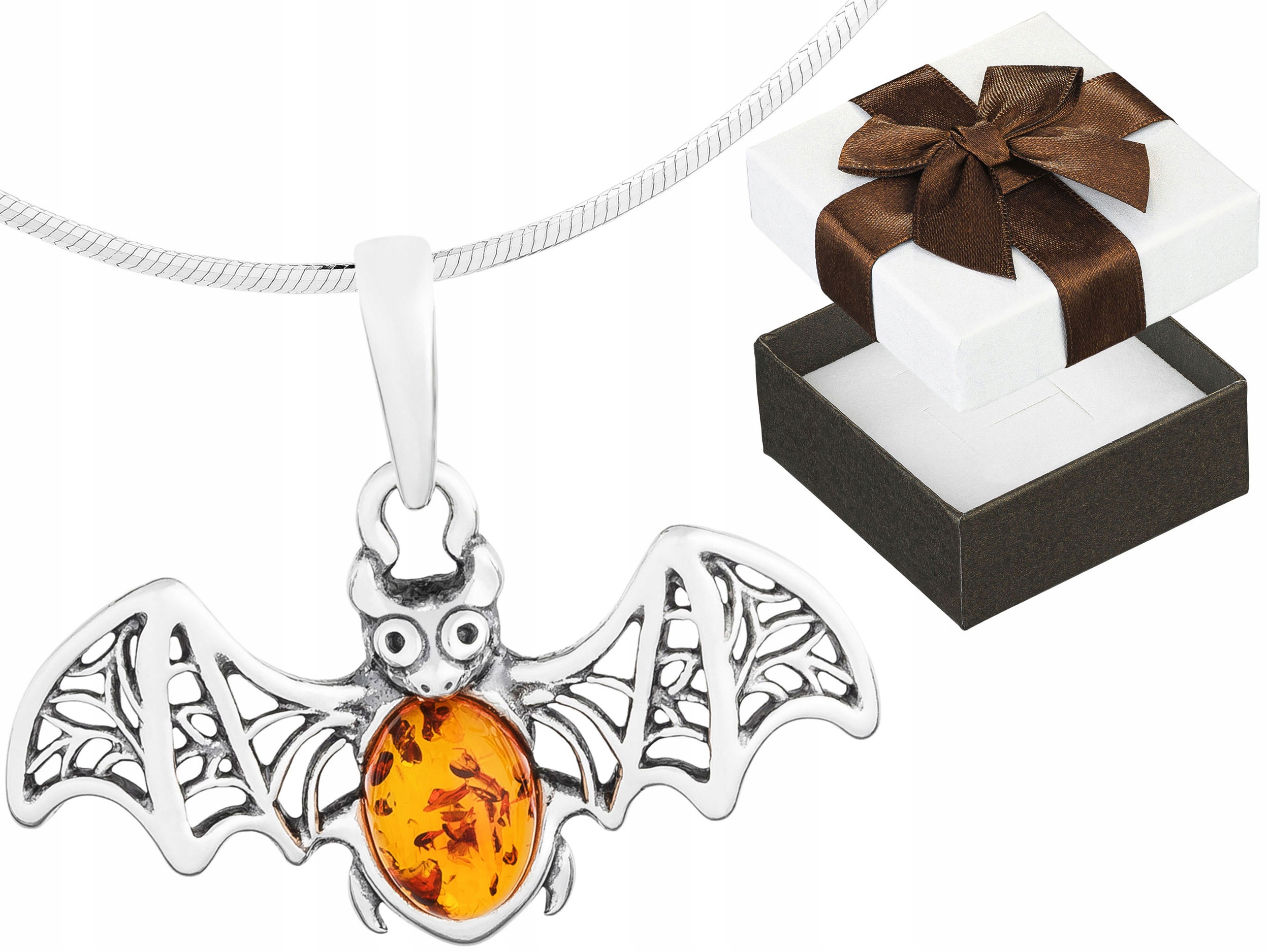 Prořezávaný Netopýr s Jantarem Stříbrný Oxidovaný Řetízek 42 cm