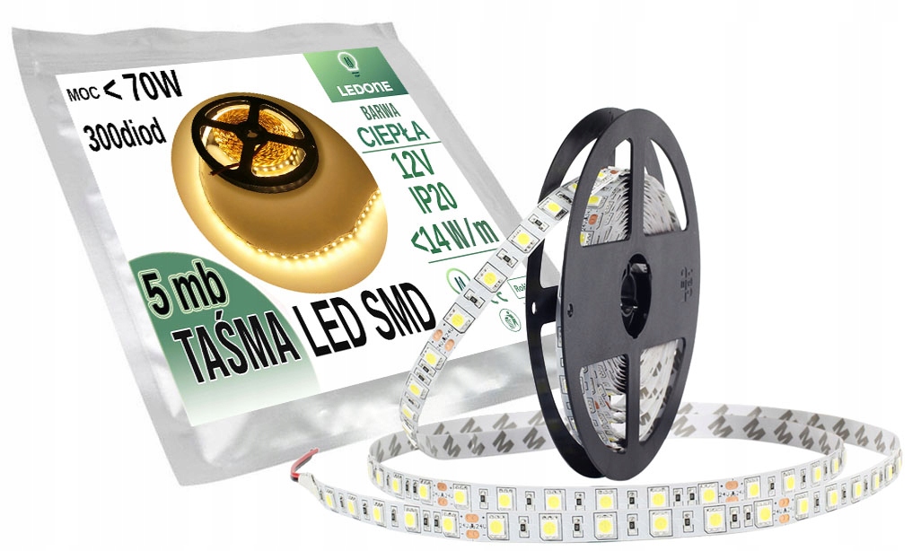 

Taśma listwa 300 Led 5050 Smd 5m Biała Ciepła IP20