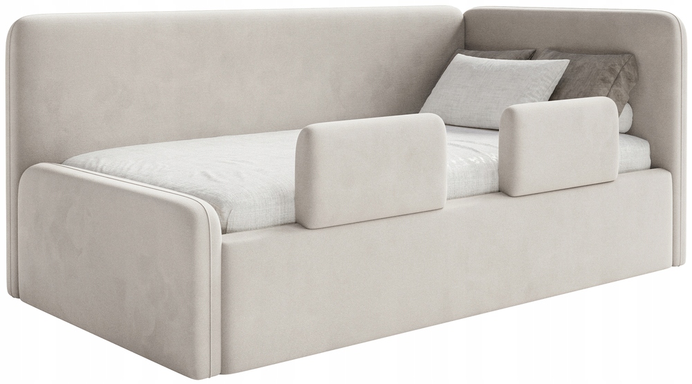 Postel pro mláděž 90x200 cm Fanklo světle béžová velurová pravá matrace zábrana
