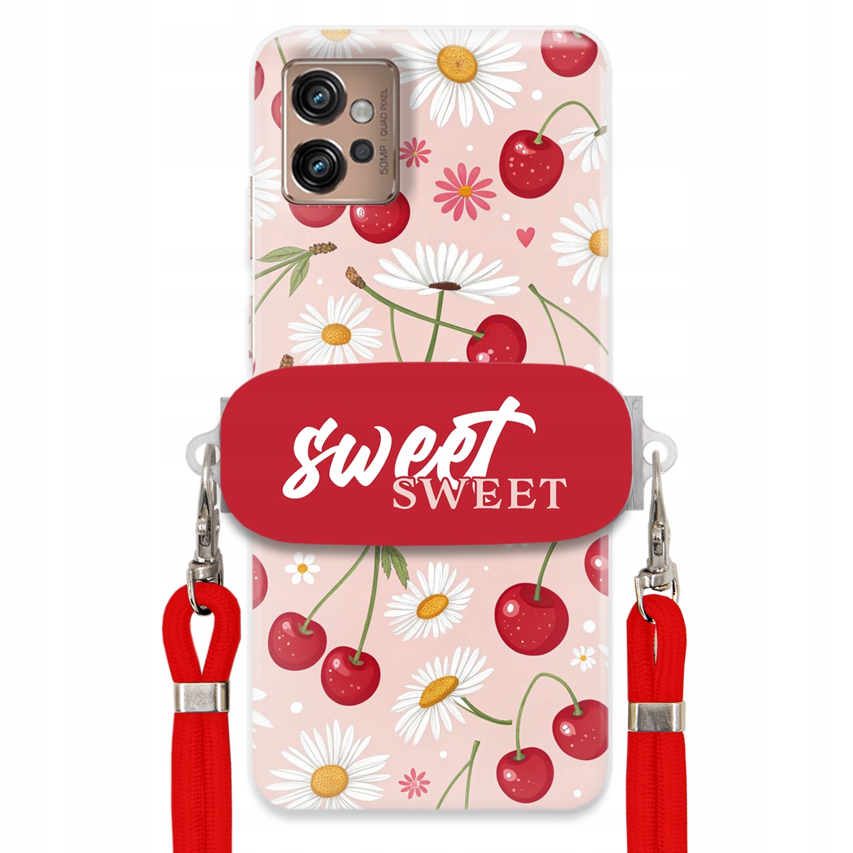 Puzdro pre Motorola G32 Červené vodítko Crossbody držiak Sweet Kvet čerešne