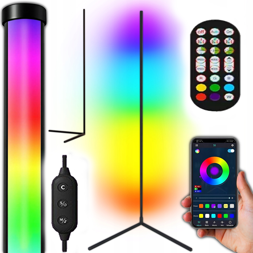 Rgb Led podlahová lampa stojící rohová s Dálkový Ovladač Apklikace Efekt Duhy 3D
