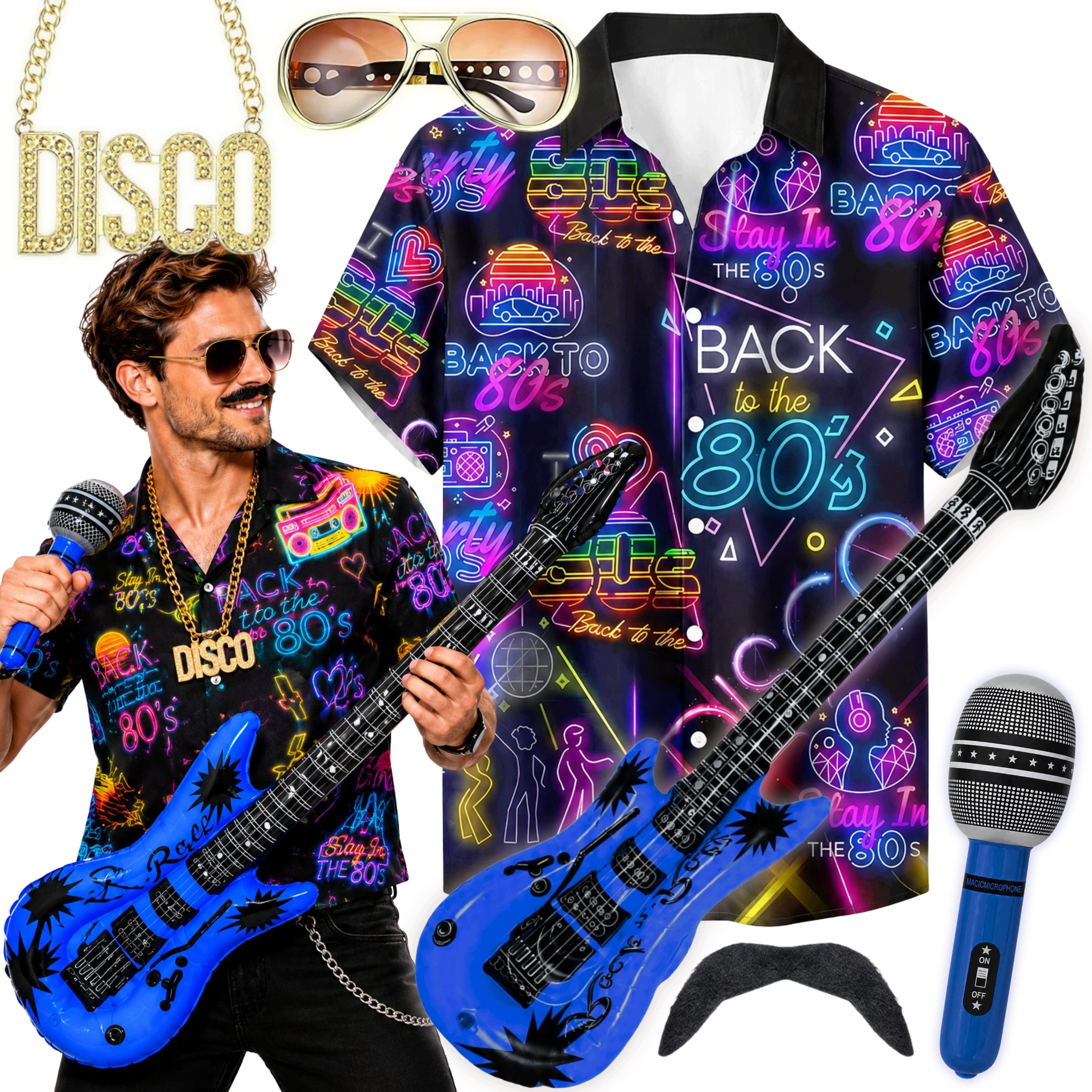 Pánská Košile Kostým Retro Disco Náhrdelník Mikrofon Nafukovací Kytara XL XXL