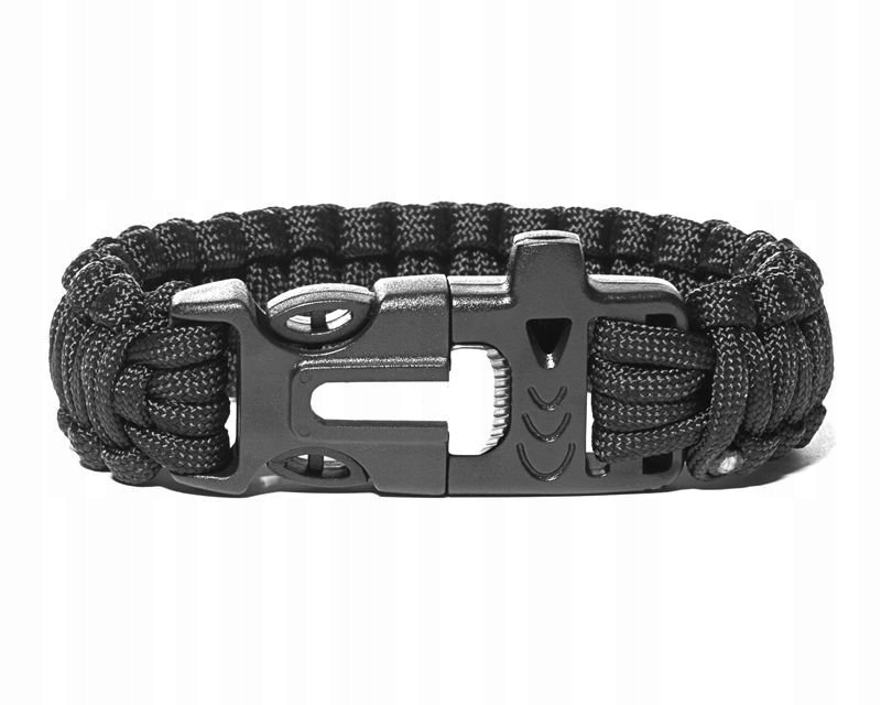 Bransoletka Paracord survivalowa z krzesiwem gwizdkiem ostrzem 3W1 Czarna