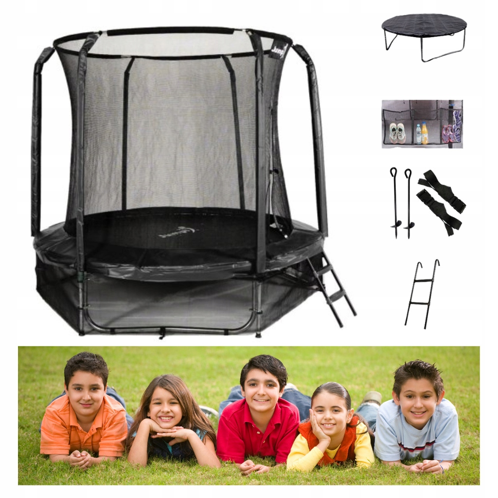 Trampolina Ogrodowa Jumpi 252cm/8FT Czarna dla dzieci z siatką do ogrodu