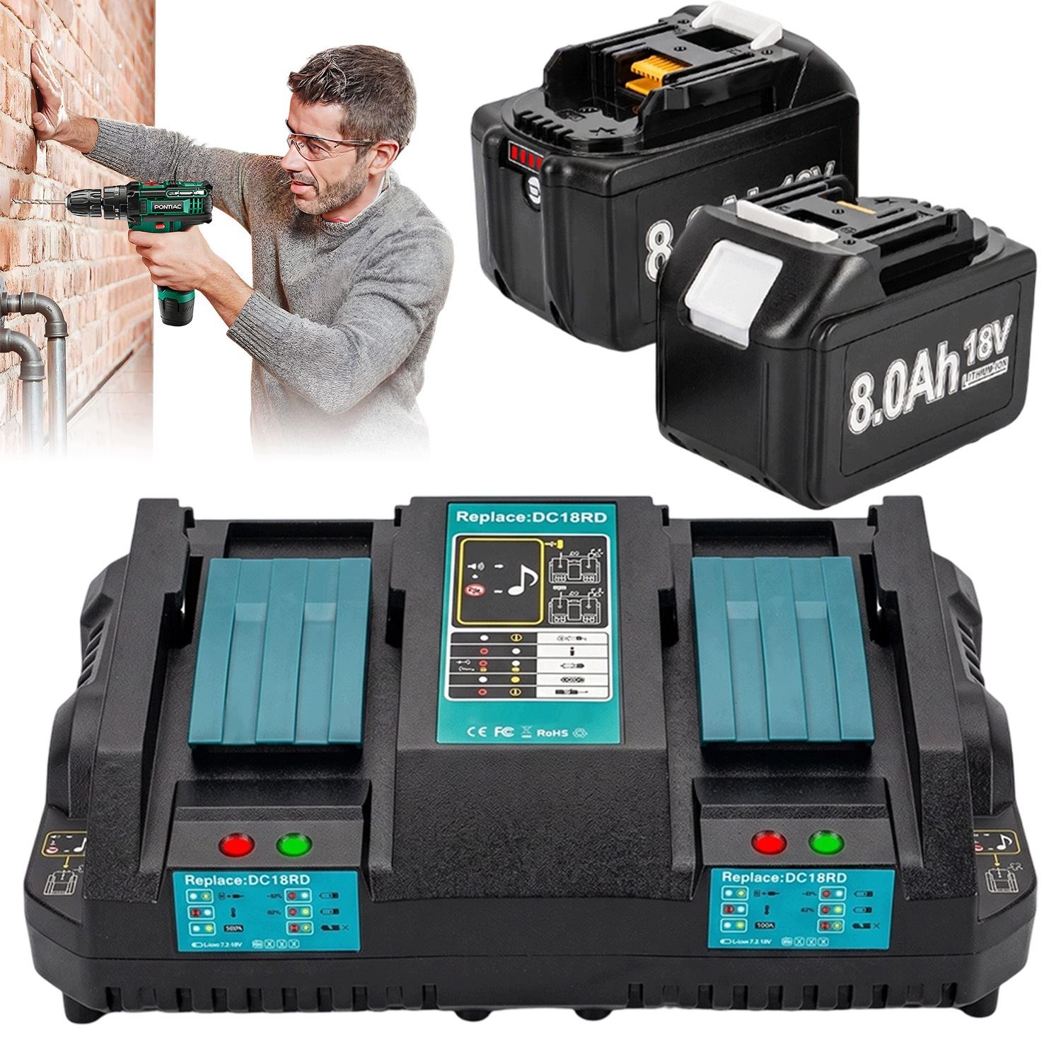 Makita Akumulátor 6000MAH 18V Nabíječka Dual Port Led Akumulátor 18V 8.0AH