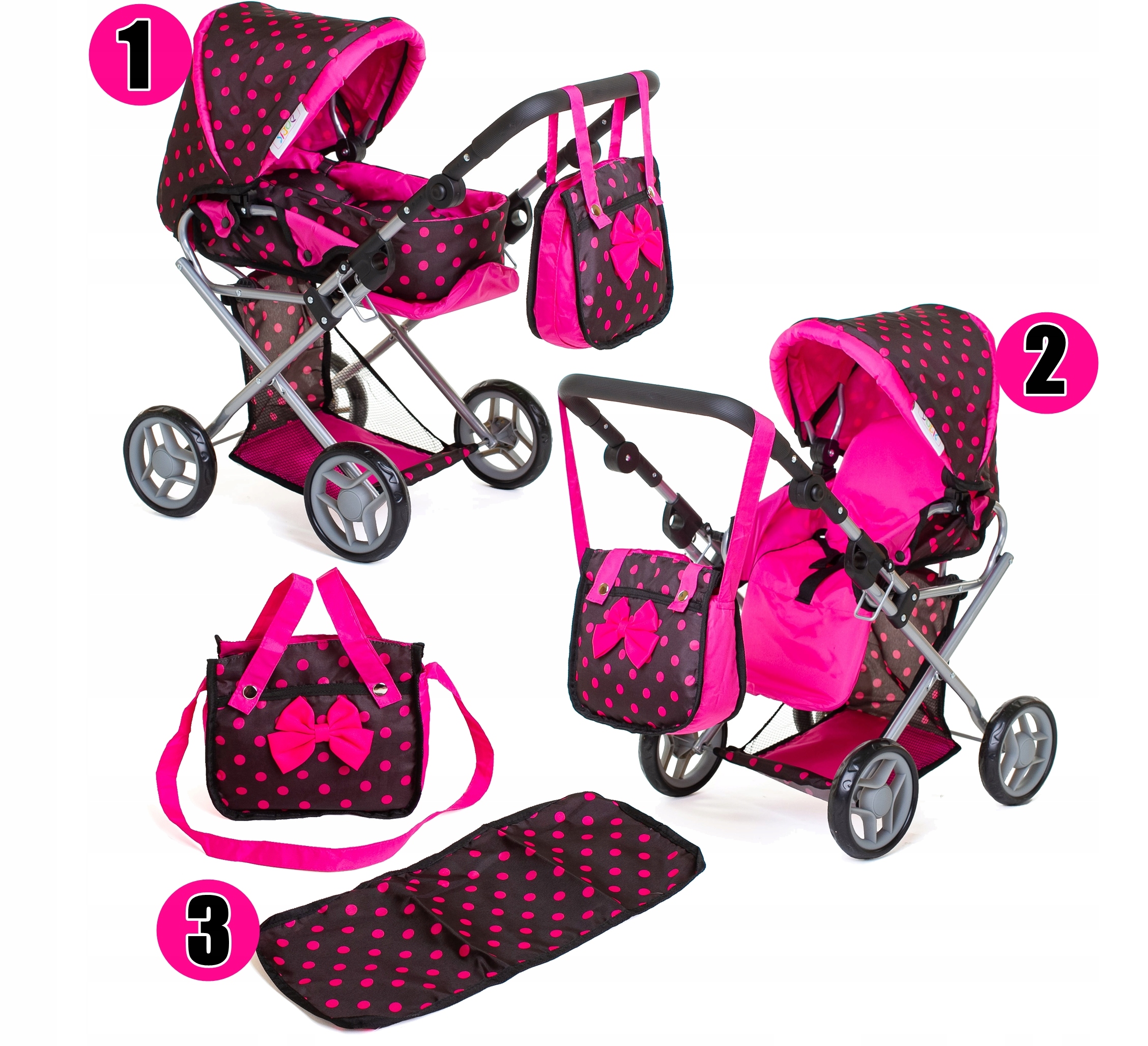 FUNKCYJNY WÓZEK DLA LALEK SPACEROWY GŁĘBOKI 3 w 1 Zestaw Torba Przewijak Kod producenta 9346NB