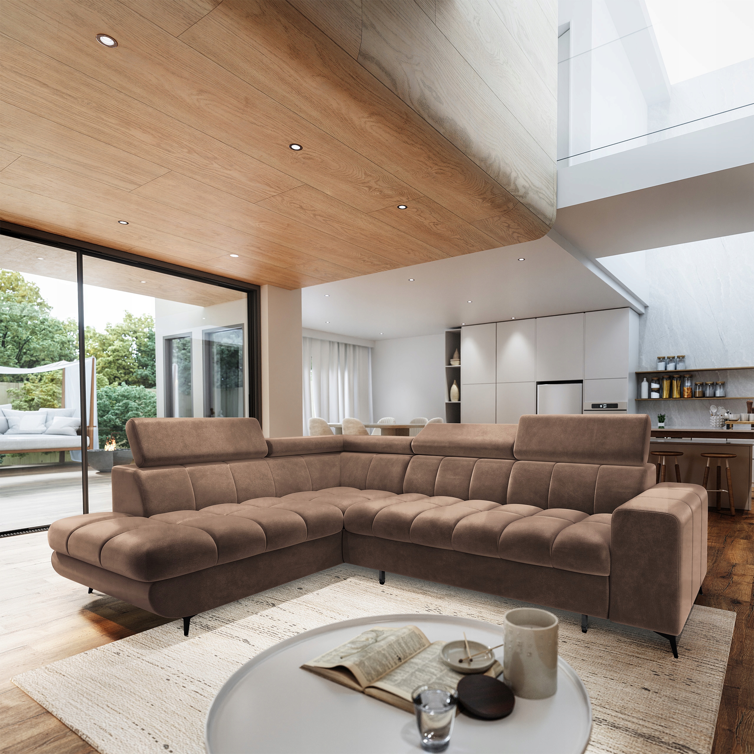 Rohová Sedací Souprava Moriva Funkce Spaní Klasický Velur Béžová