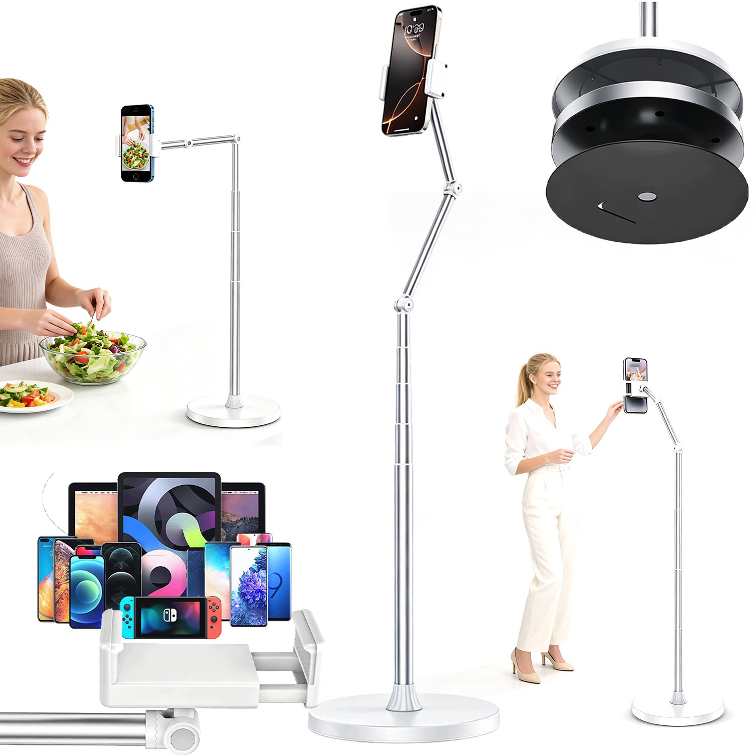 Hliníkový Stojan Pro Telefon 30“ 152 CM 360° Streamování Vaření Tréninků