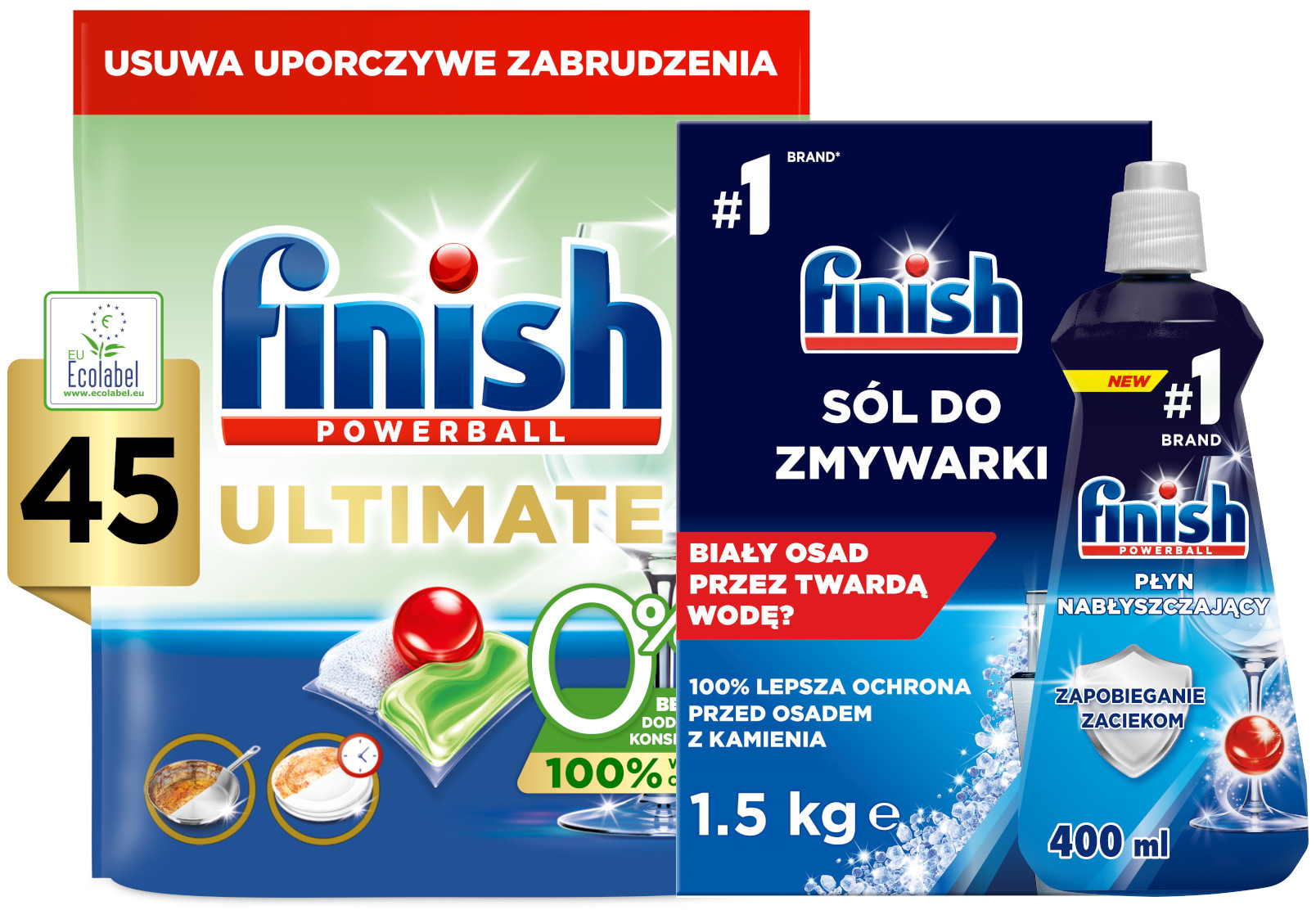 Levně Finish Kapsle do myčky nádobí Ultimate 0% 45 kusů Sůl 1,5 kg leštidlo