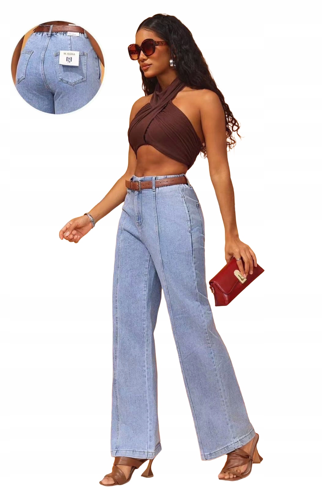 Damskie Spodnie M.Sara Szwedy Dzwony Jeansy Wide Leg Kant Przeszycie