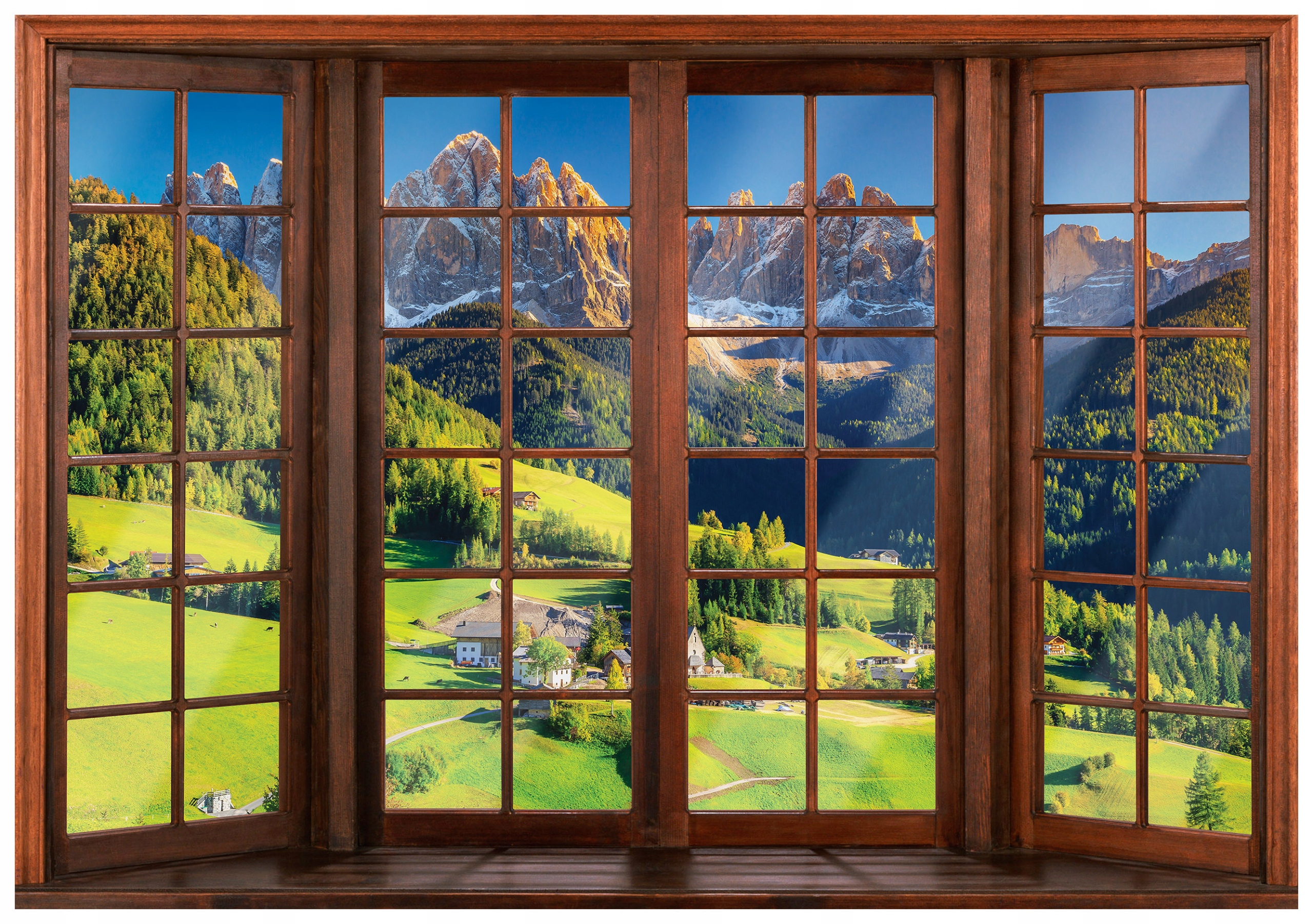 Fototapeta flizelina Alpská krajina s oknem do údolí domky 254x184 lepidlo