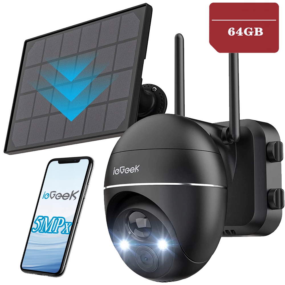 Venkovní Otočná Solární Kamera Bezdrátová Ip Wifi 5MPx Pir 64GB Sd