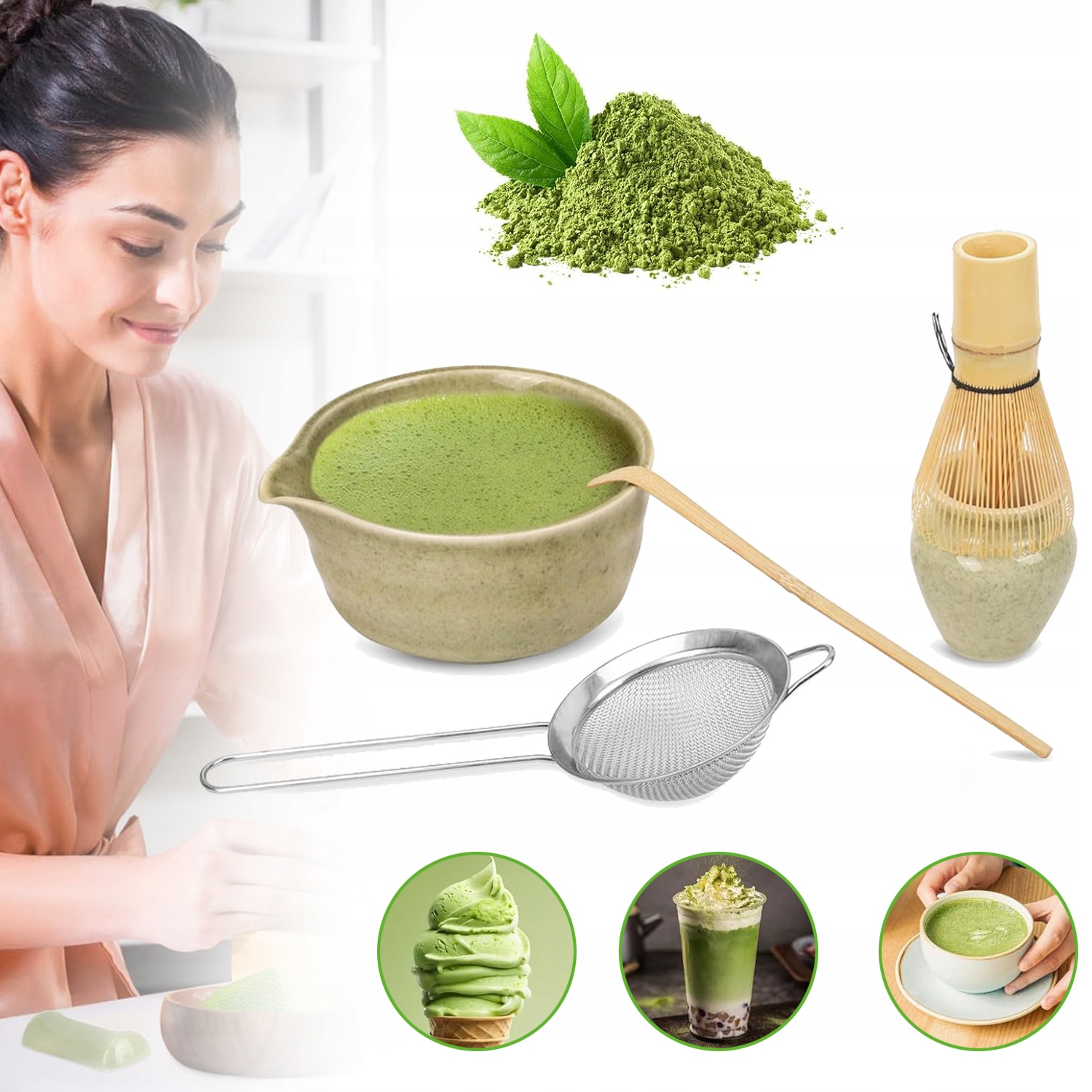 Zestaw 5SZT Do Herbaty Matcha, Miotła Matcha, Łyżeczka, Na Ceremonię Matchy