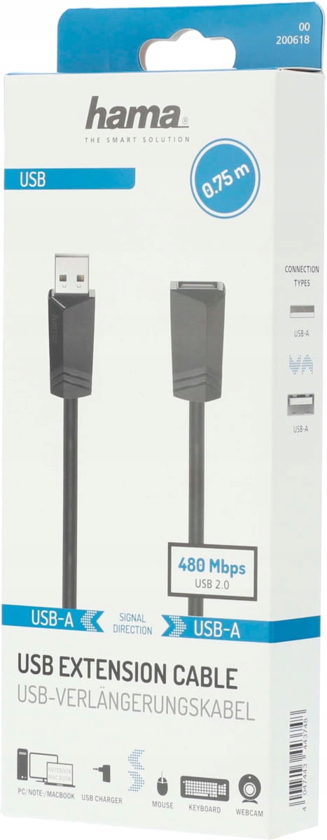 Kabel PRZEDŁUŻACZ USB 2.0 A/A M/F 0,75m. HAMA Stan opakowania oryginalne