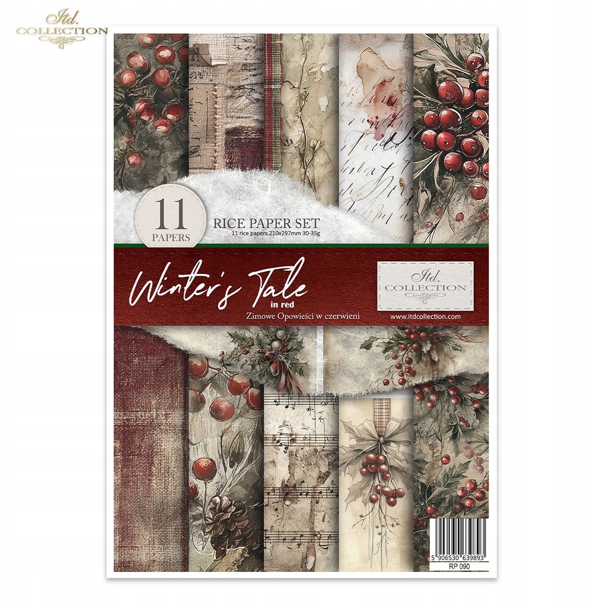 Sada 11 rýžových papírů A4 na decoupage RP090 Winter's Tale in red