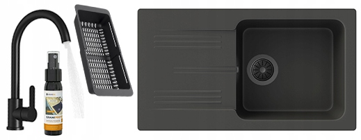 Dřez Granitový Jednokomorový Ada Dřez Černý Baterie Sifon Košík