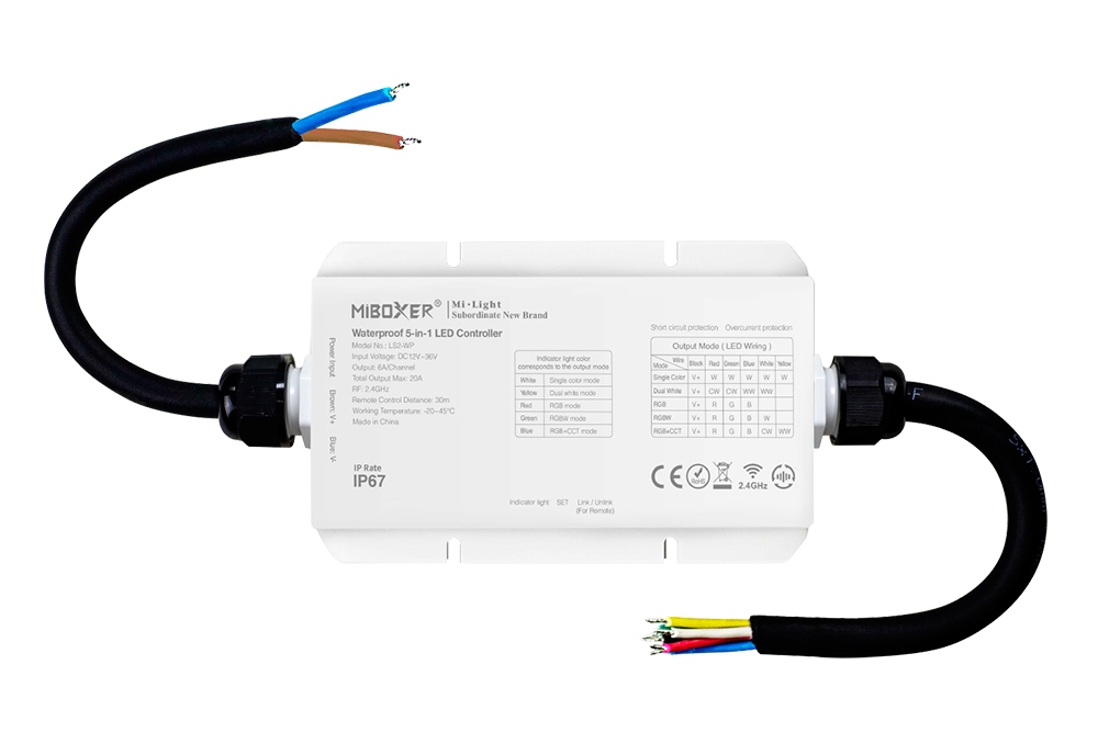 Ovladač Miboxer LS2W-P Mono, Cct, Rgb, Rgbw, Rgb Cct 5x6A 12-24V IP67