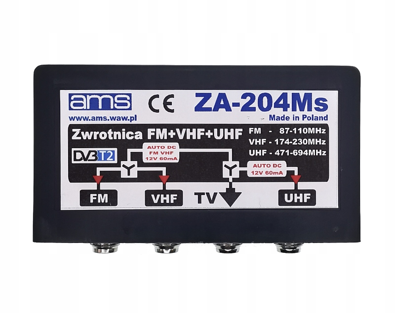 Zwrotnica antenowa DVB-T2 zewnętrzna ZA-204Ms Fm/ Vhf/ Uhf DC filtr Lte Ams