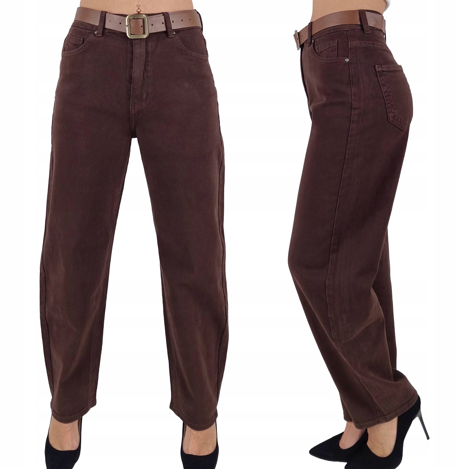 Jeansy damskie Balloon Pasek Szeroka Nogawka Czekolada 46/3XL