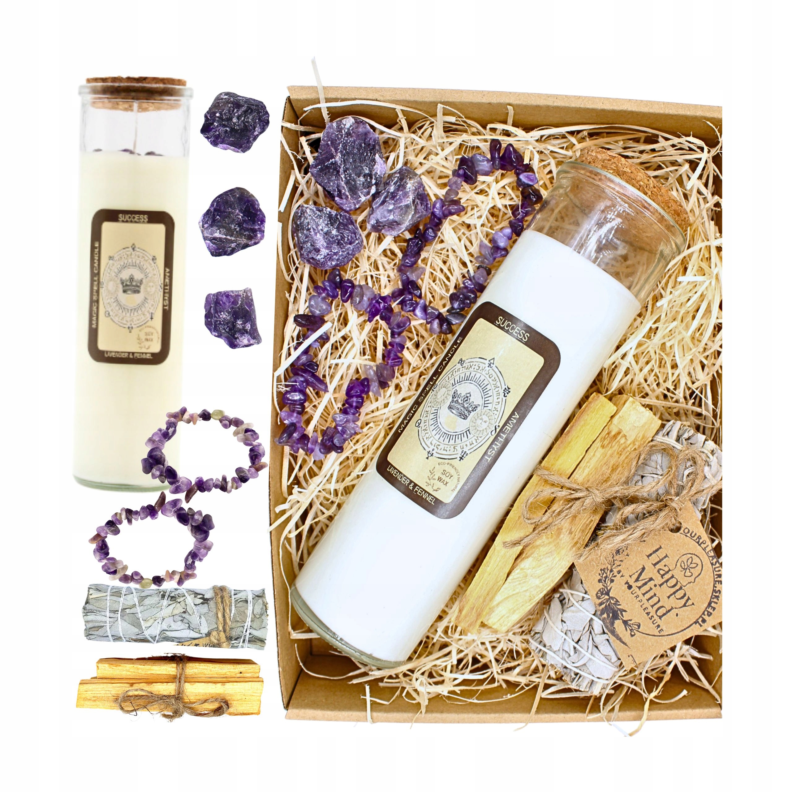 Sada Happy Mind: Ametystová svíčka, Palo Santo, Bílá Šalvěj, Náramky