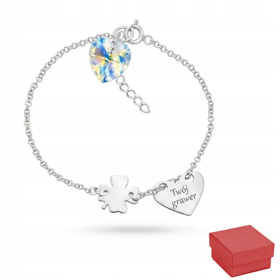 Bransoletka srebrna 925 Koniczynka i serce grawer swarovski personalizowana