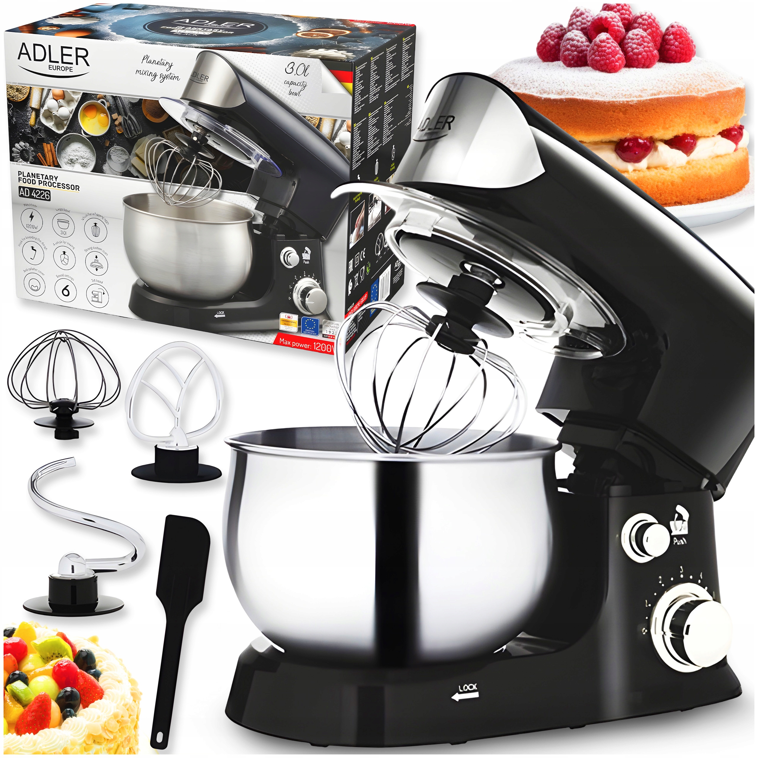 Kuchyňský Planetární Robot Mixér 1200W Mísa 3L Víko Míchadla Černá