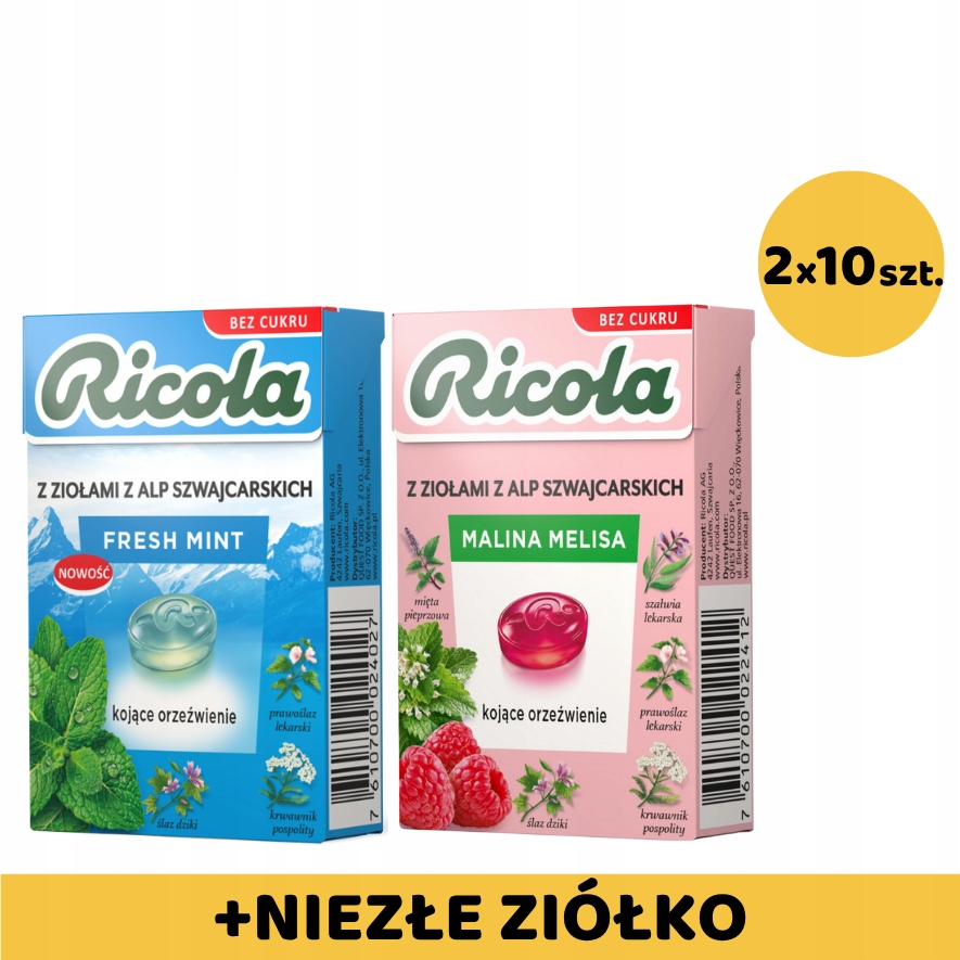 Levně Ricola 20 Ks (10x Fresh Mint 10x Malina) Dárek