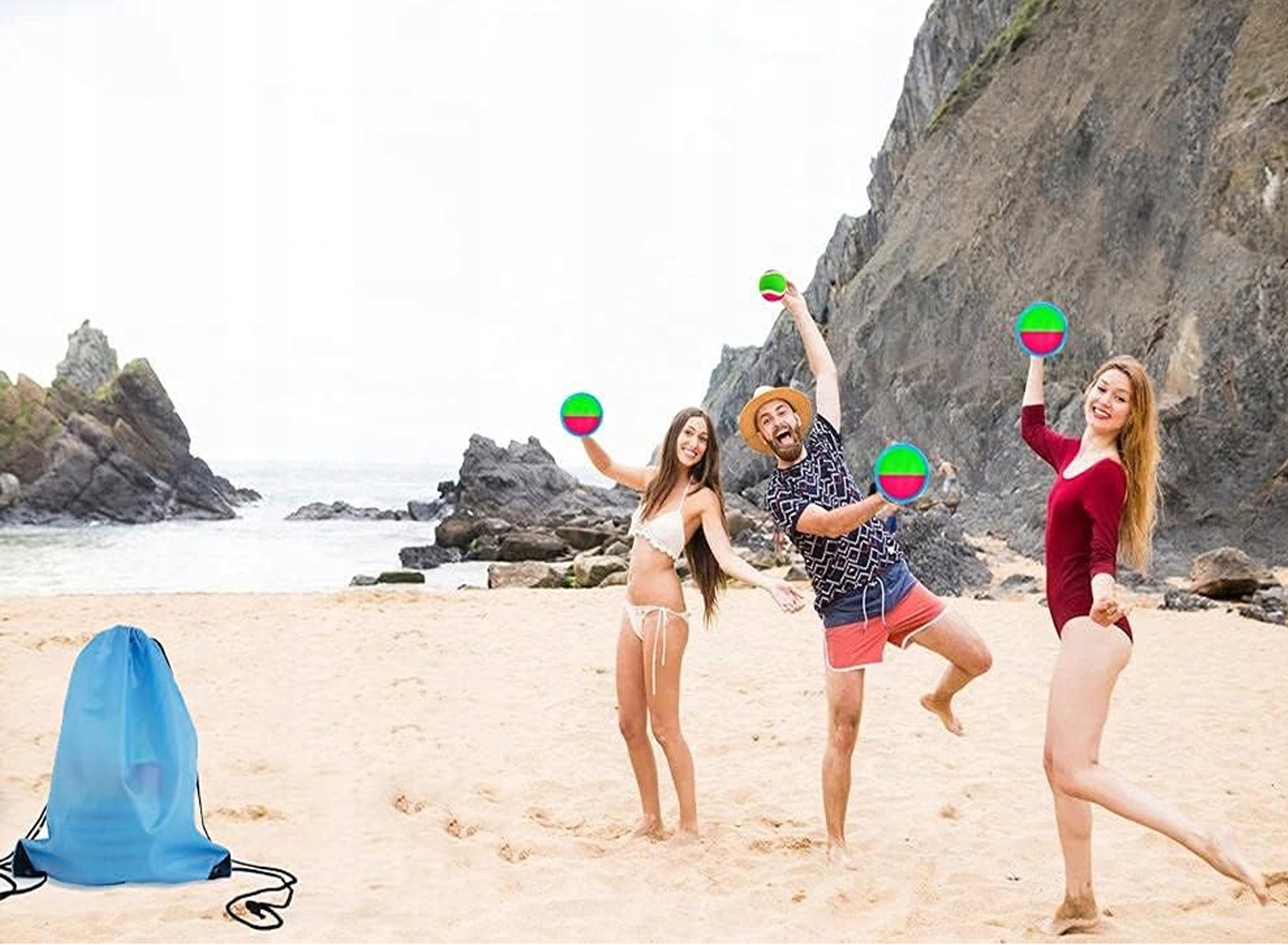 CATCH BALL GRA NA RZEPY RZUCAJ ŁAP 6x PALETKI + 3x PIŁKA Kolor dominujący odcienie niebieskiego